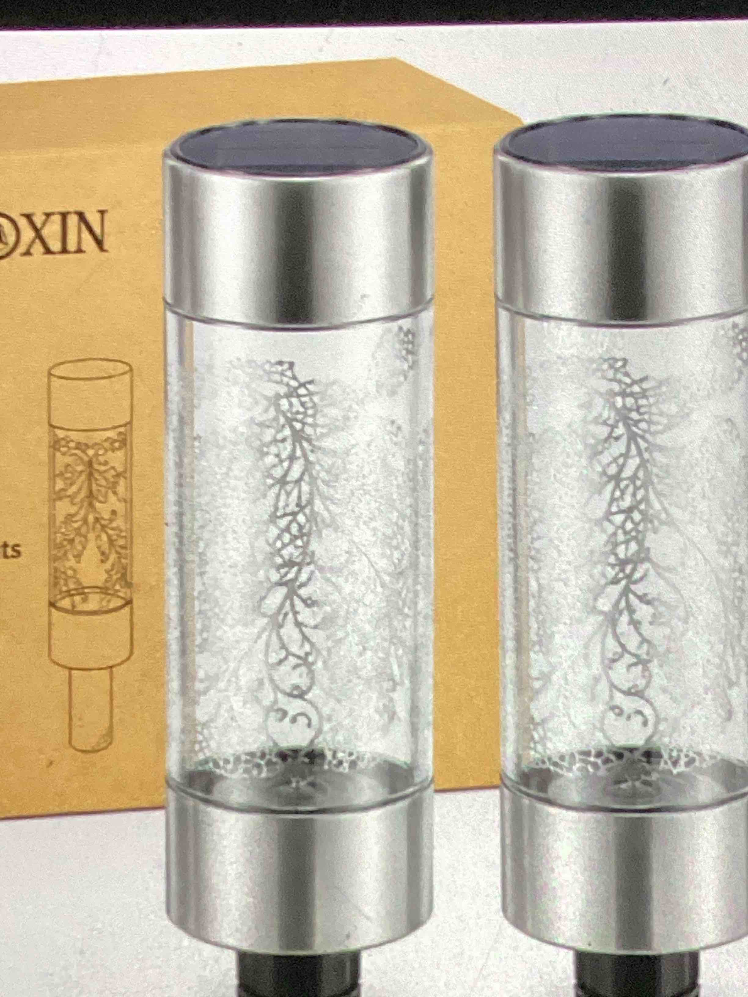 KAIXOXIN solar pathway lights, decorative etched glass stainless steel two pack  NO BOX
