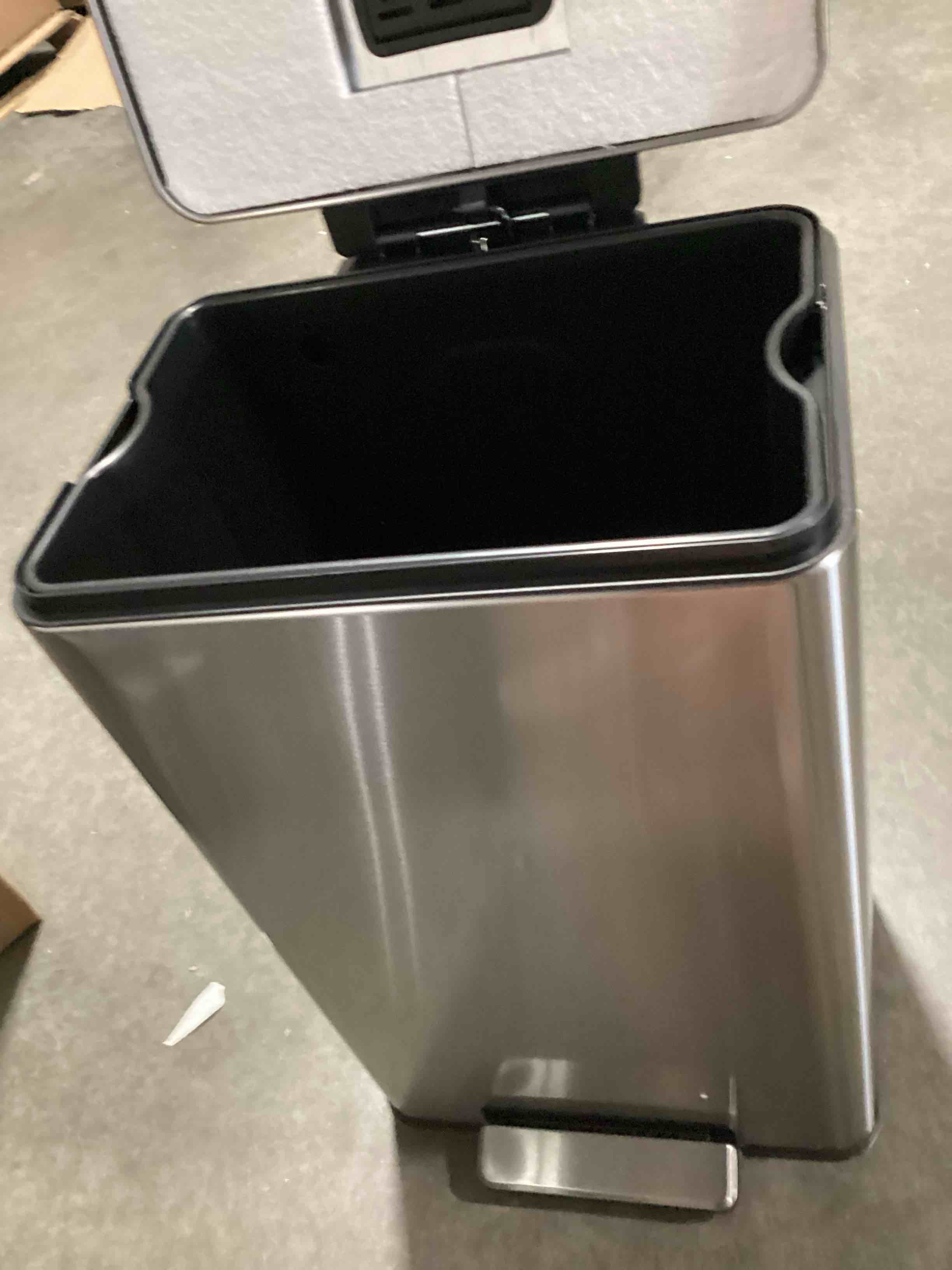 Condition photo showing Good Condition for simpli-magic 50 liter / 13.2 gallon soft-close, smudge resistant trash can with foot pedal and built in filter- stainless steel, sleek finish silver large