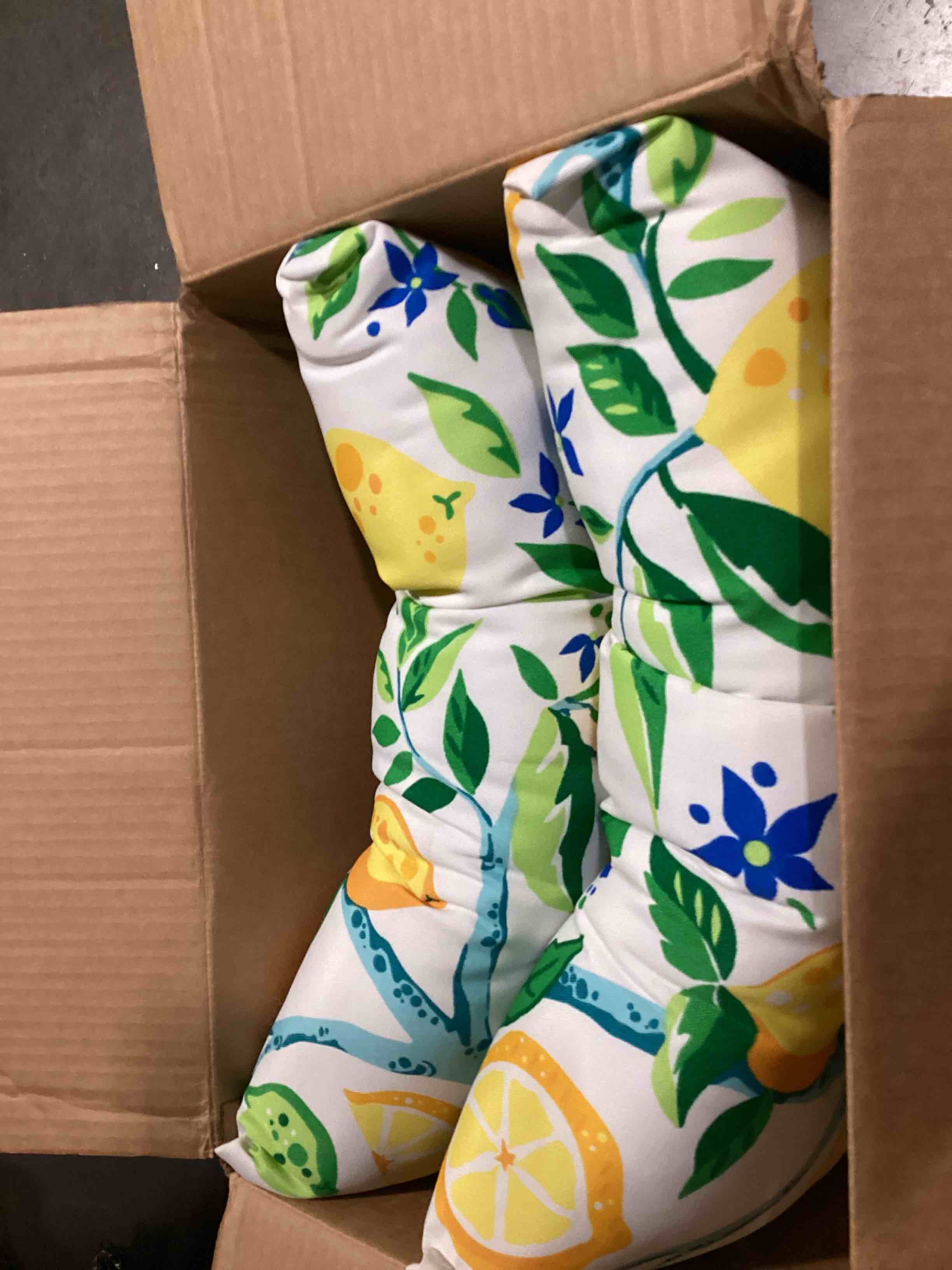 Condition photo showing Good Condition for pillow perfect outdoor/indoor lemon tree yellow tufted seat cushions (square back), 19" x 18.5", pack of 2