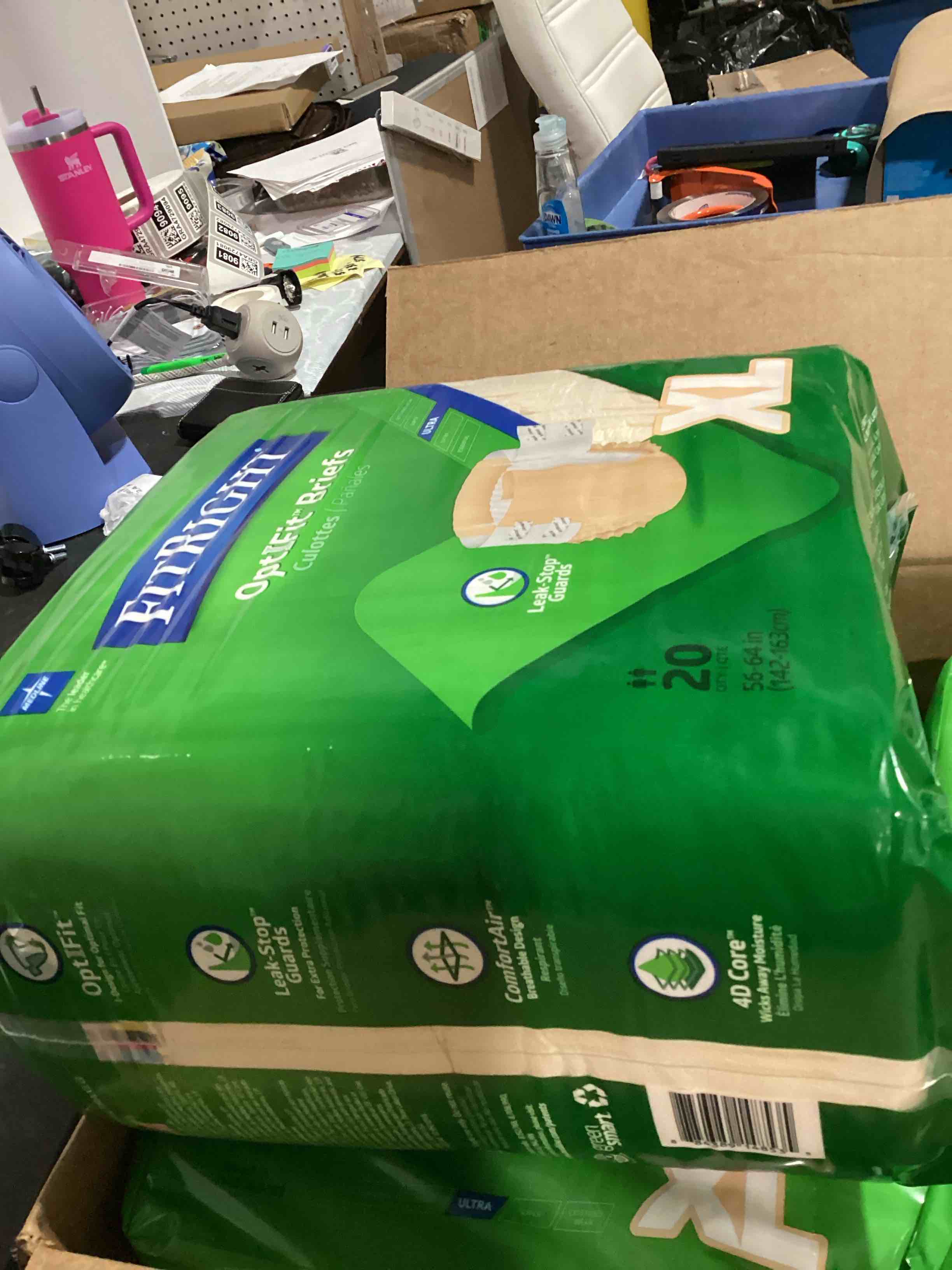 Condition photo showing New/Like New for fitright adult diapers, ultra heavy absorbency, xl (waist size 56in-64in), 20 count, optifit incontinence briefs for men and women, disposable, moisture-wicking, leak protection,