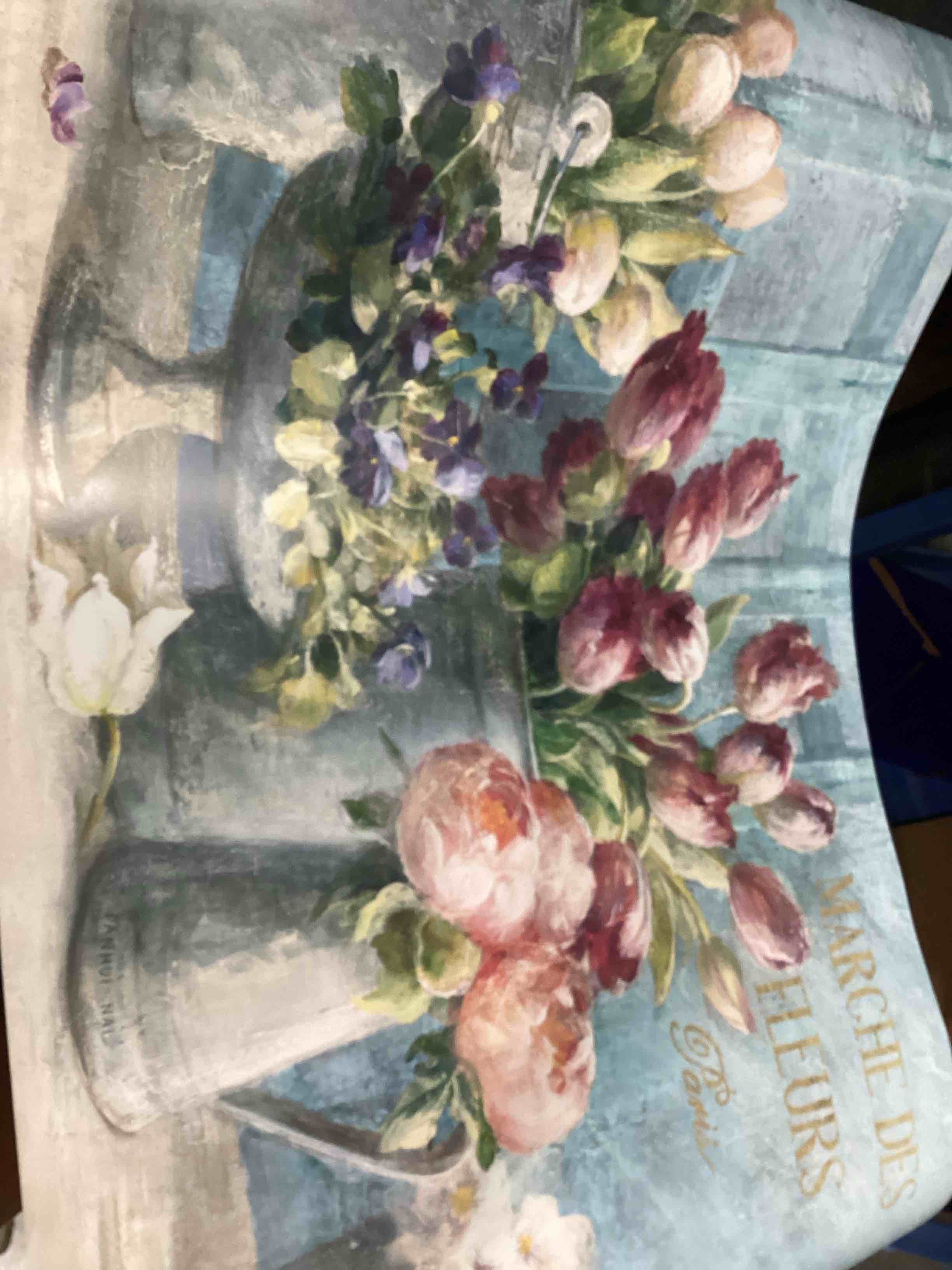 Condition photo showing Good Condition for **similar to— no canvas** wrapped canvas wall art - danhui nai 'marche des fleurs blue gold' wall art for living room, bedroom, or office décor - 30x47