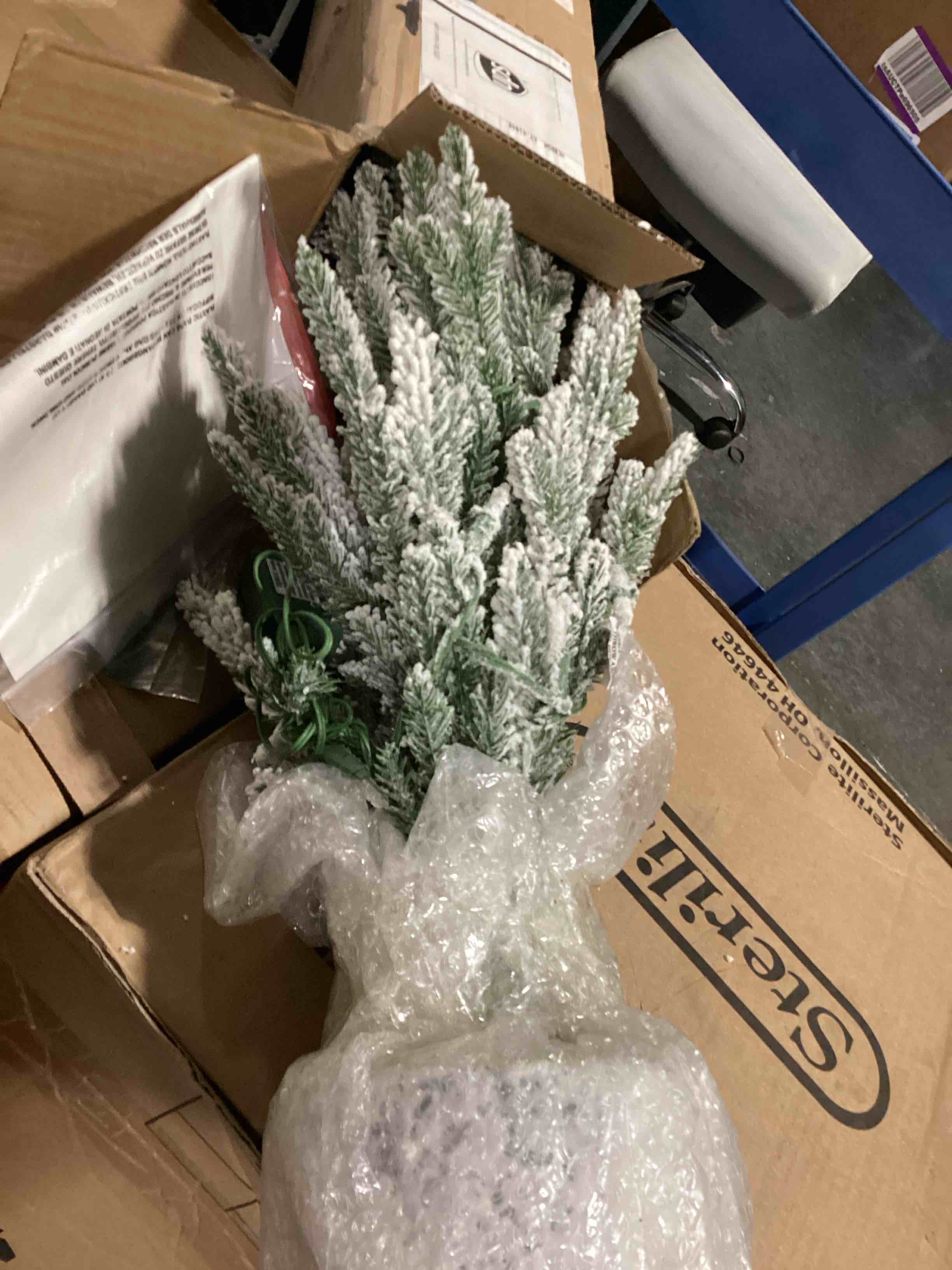 Condition photo showing Good Condition for puleo international 2ft pre-lit potted flocked arctic fir pencil christmas tree with 30 warm white lights, 262 realistic dense snow flocked branch tips, easy setup artificial trees with sturdy stand 2' flocked arctic fir 30 clear lights