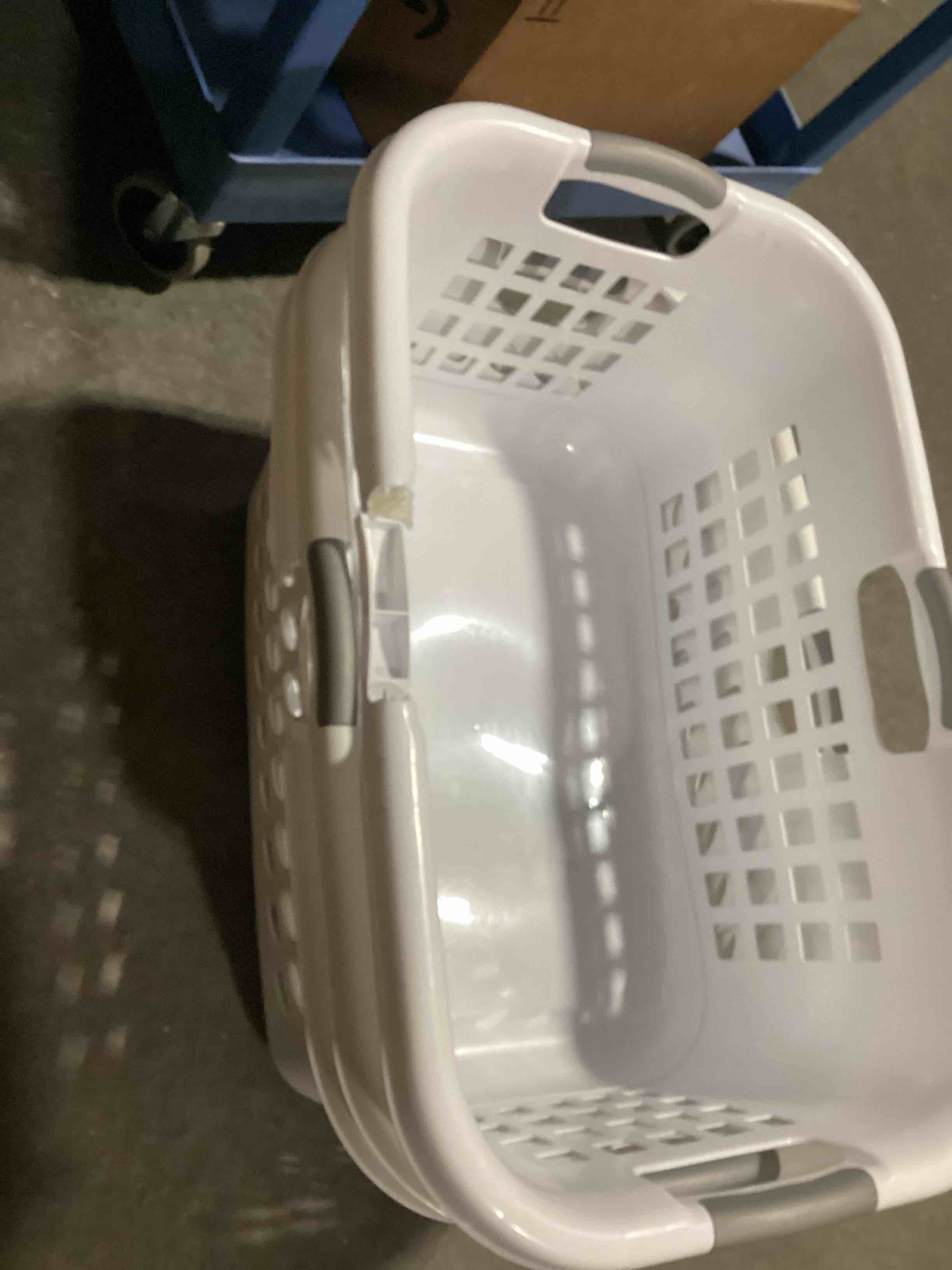 Condition photo showing As Is for ** 3 baskets** sterilite 6 pack hiphold laundry basket, plastic rectangle clothes hamper with comfort grip handles & reinforced rim, 1.5 bushel capacity, white