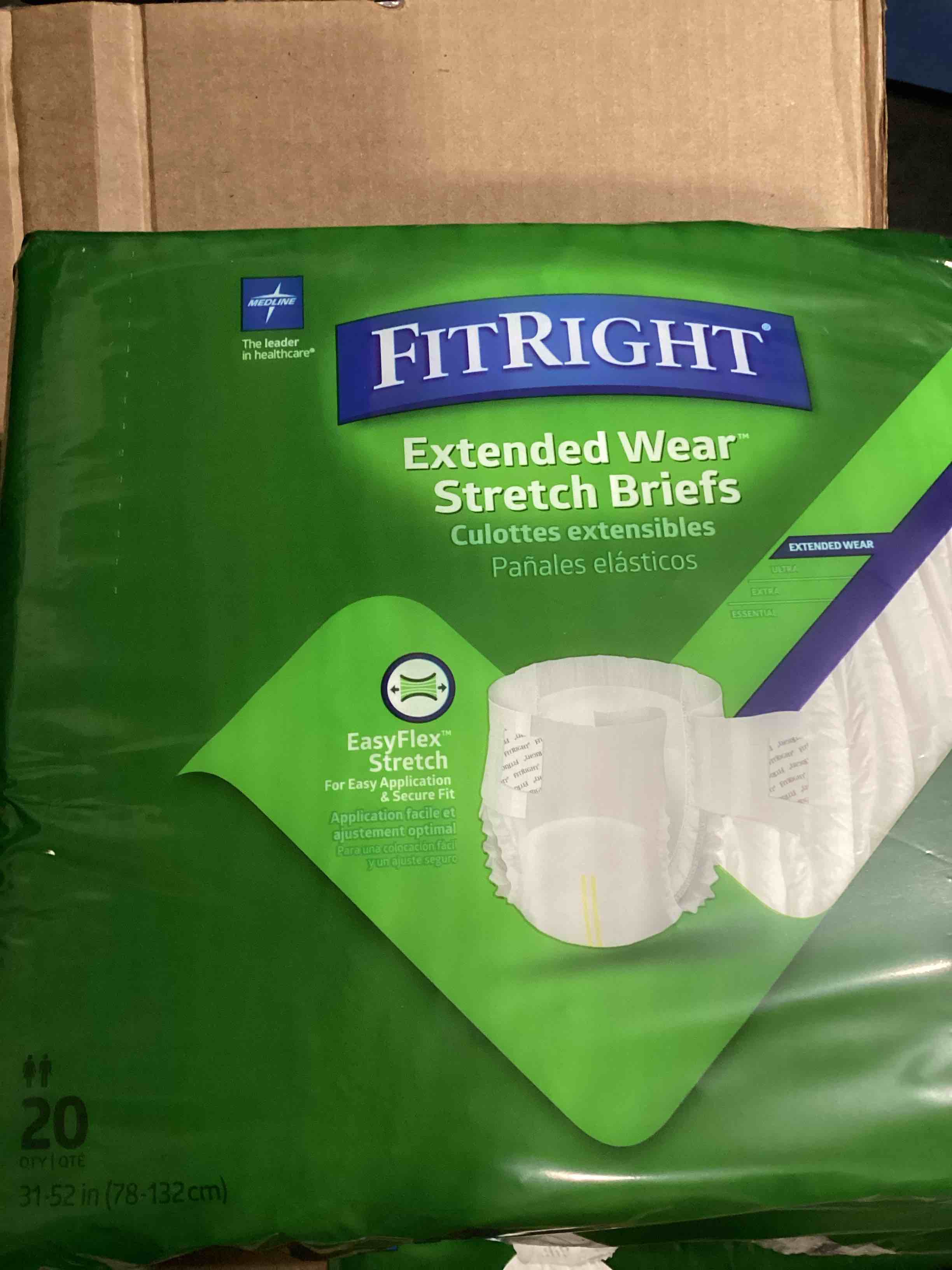 Condition photo showing New/Like New for medline fitright extended wear stretch briefs, overnight adult diapers with tabs, size 1 (bag of 20) size 1 bag of 20
