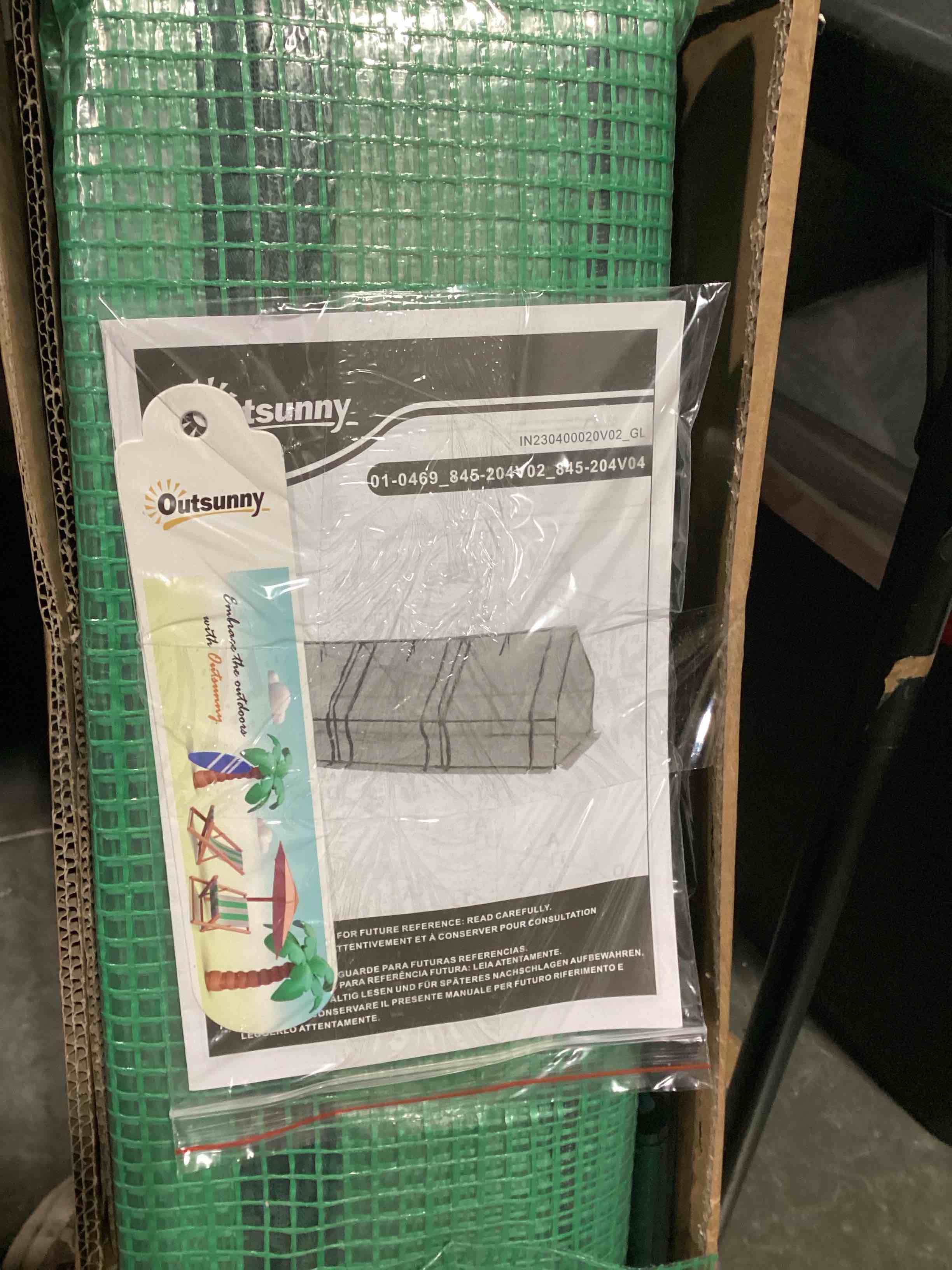 Condition photo showing Good Condition for outsunny 9' x 3' x 3' mini greenhouse with zippered doors & roll-up windows, portable plant hot house with pe cover, water resistant, uv protected for outdoor flowers, vegetables, green green 9' x 3' x 3'
