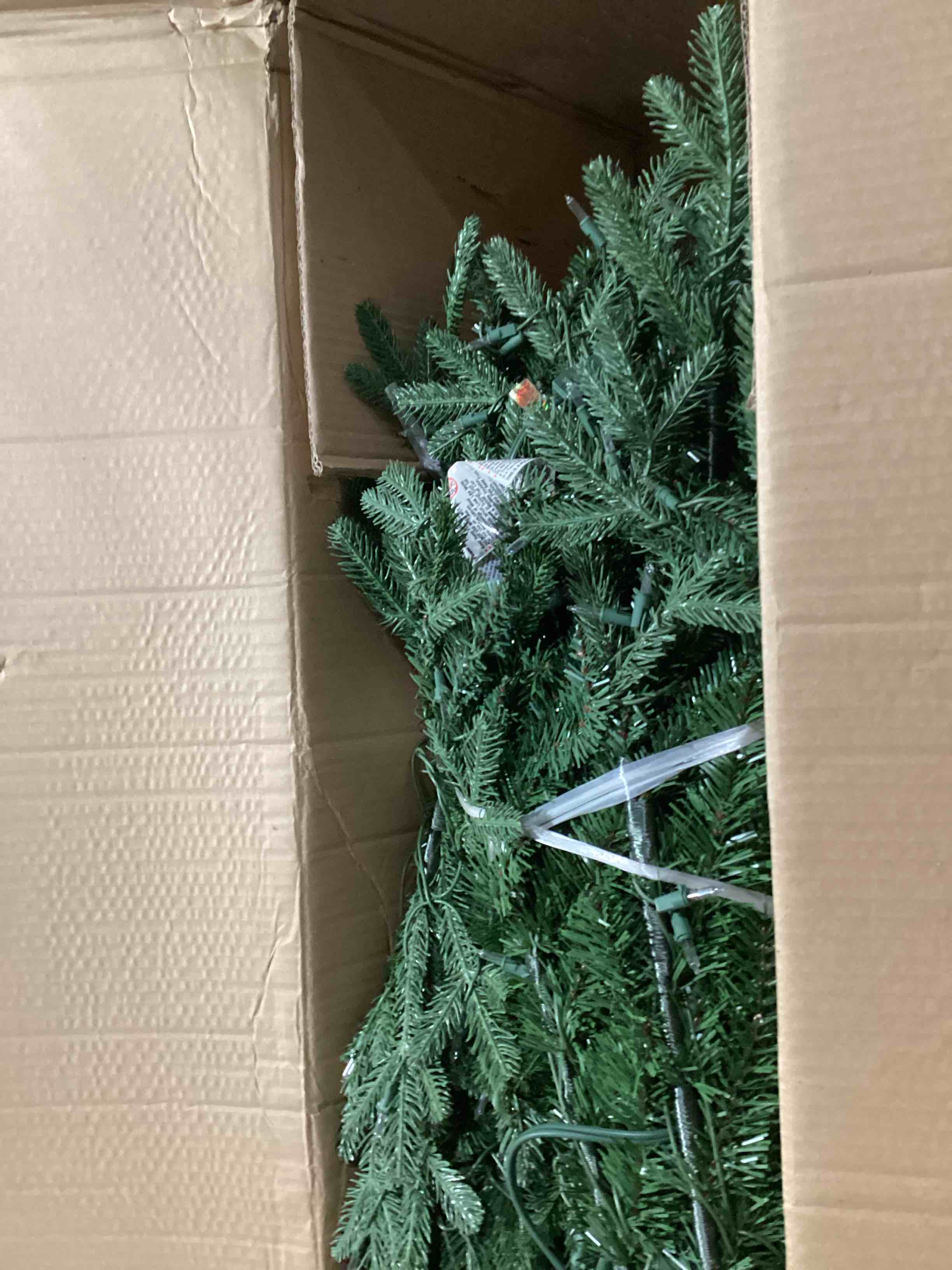 Condition photo showing Good Condition for national tree company pre-lit 'feel real' artificial slim christmas tree, green, tiffany fir, white lights, includes stand, 7.5 feet