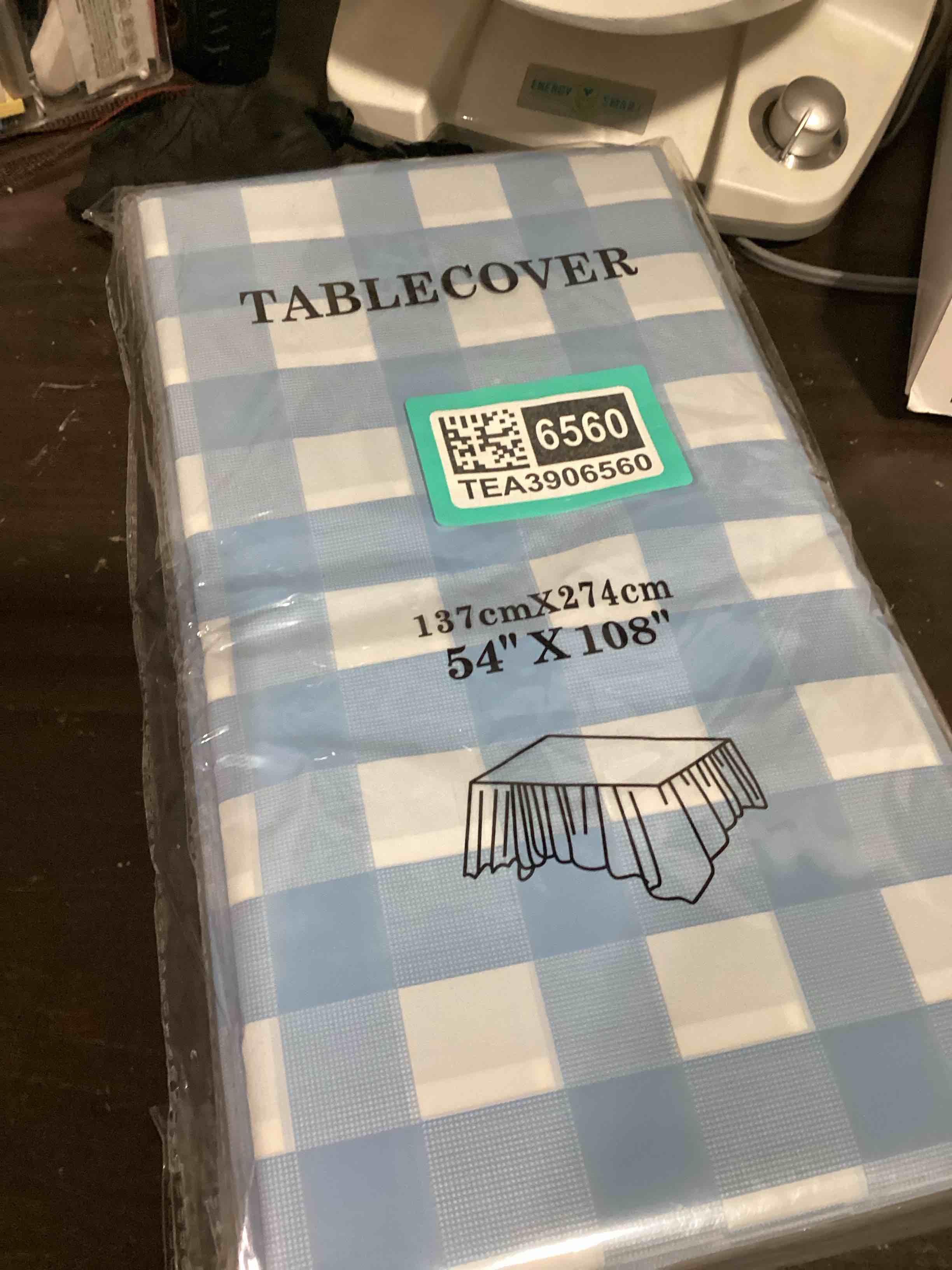 Condition photo showing New/Like New for 6 pack blue and white checkered tablecloth, blue plastic table cloths for parties disposable, 54 x 108 inch waterproof blue gingham camping tablecloth for birthday, party, picnic blue and white checkered 54" x 108" rectangle(6 pack)