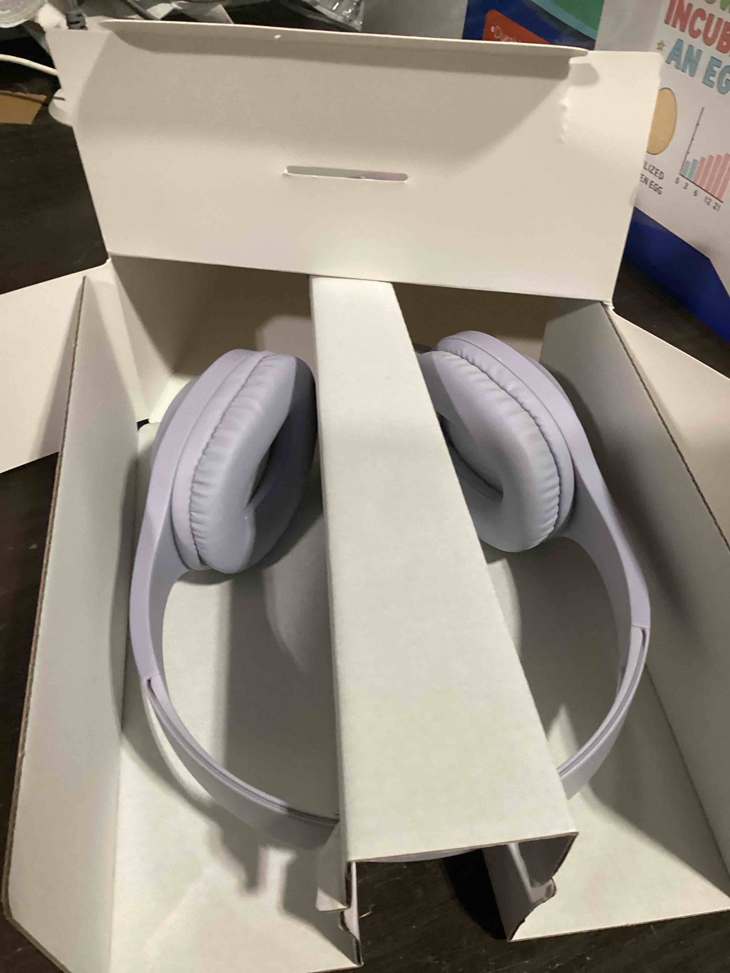 Condition photo showing New/Like New for wired on-ear headphones - heyday™ soft purple: 3.5mm jack, built-in microphone
