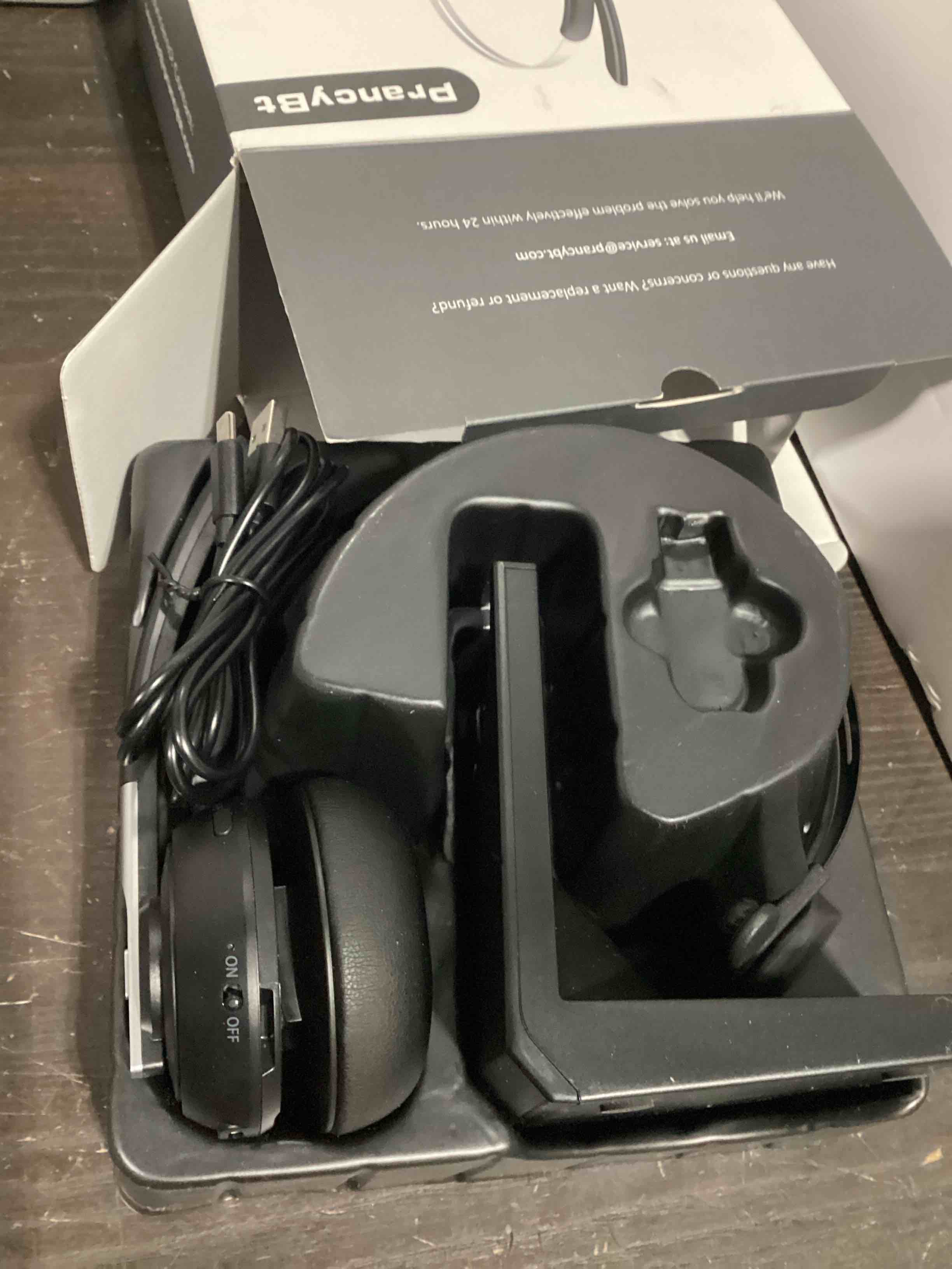 Condition photo showing As Is for bluetooth headset, wireless headset with microphone *missing usb** for pc, v5.2 computer headset with noise cancelling mic, usb dongle, charging base & mute button for work, cell phones, computer (black)
