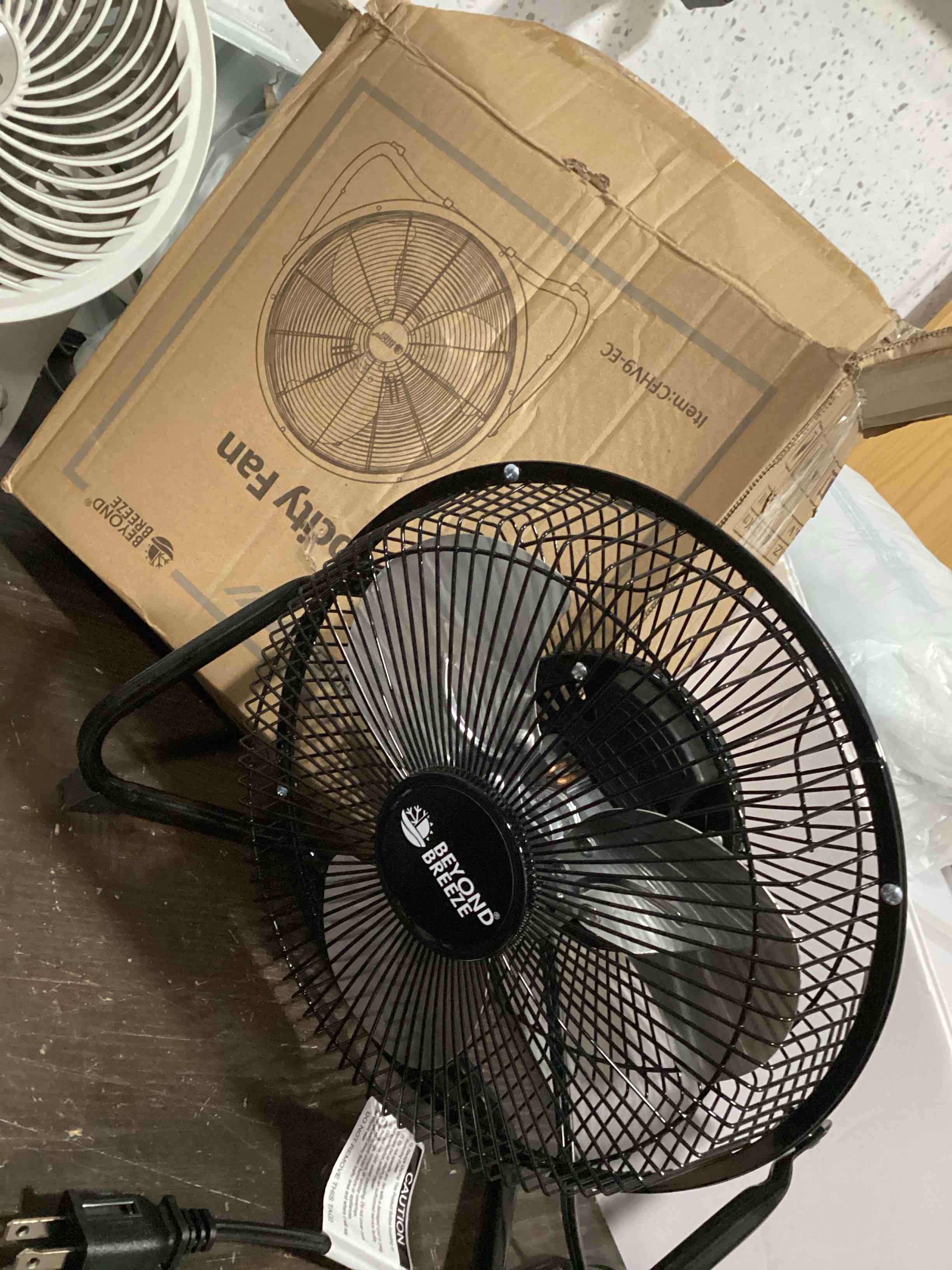 Condition photo showing Good Condition for beyond breeze floor fan 9 inch, 3-speed portable metal fan with adjustable tilt, quiet small cradle floor fan for home, office, bedroom