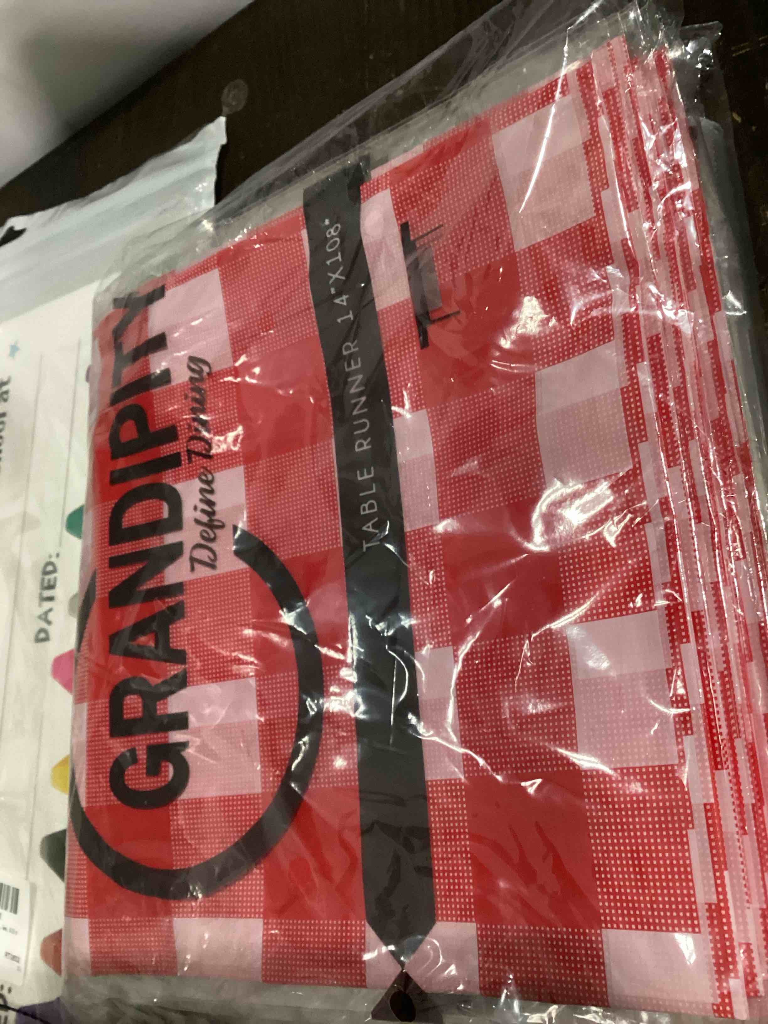 Condition photo showing Good Condition for red gingham 6 pack checkered premium disposable plastic table runner 14 x 108 inch. table runner for dinner parties & events by grandipity