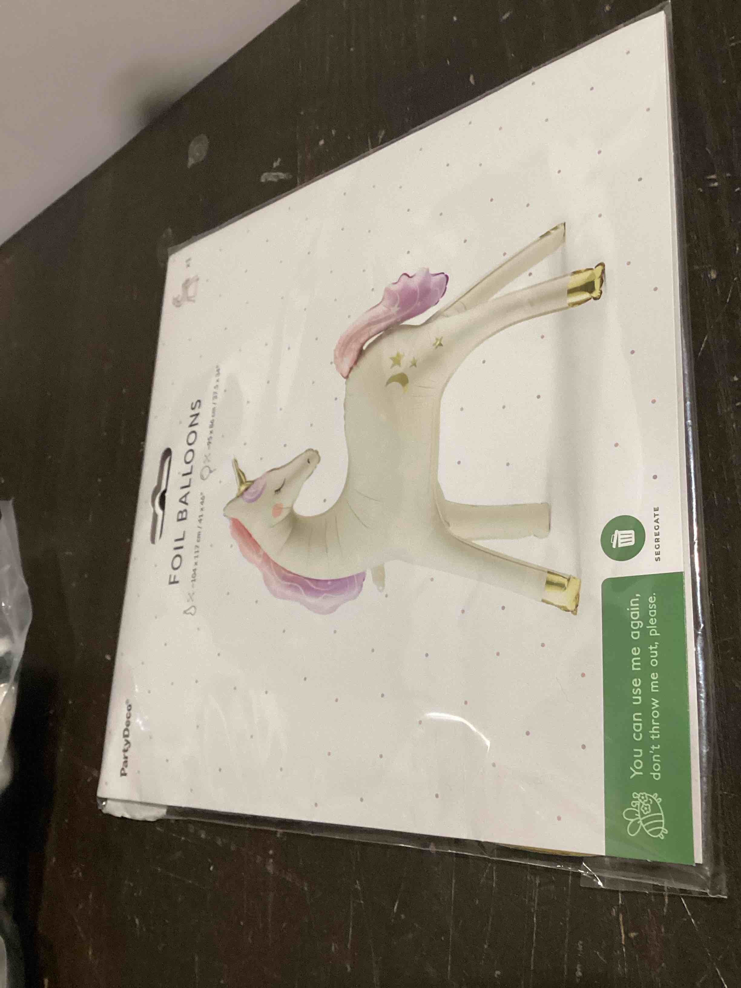 Condition photo showing Good Condition for giant standing unicorn foil balloon partydeco 37.5x34 inch, white self-standing unicorn balloons for birthday decorations, 3d rainbow party supplies
