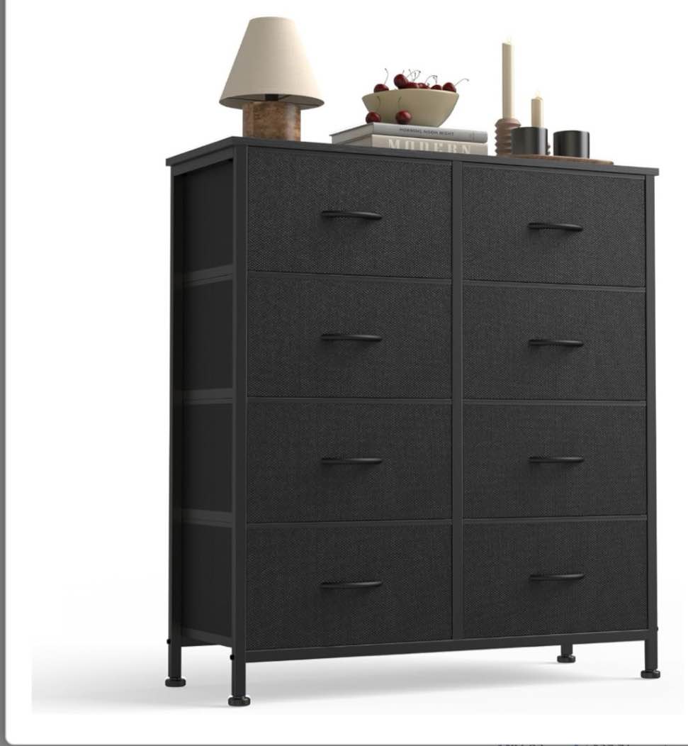 8-drawer dresser for bedroom, anti-tip tall storage organizer chest of drawers with wooden top and metal frame fabric bins for closet, living room, hallway, entryway, black