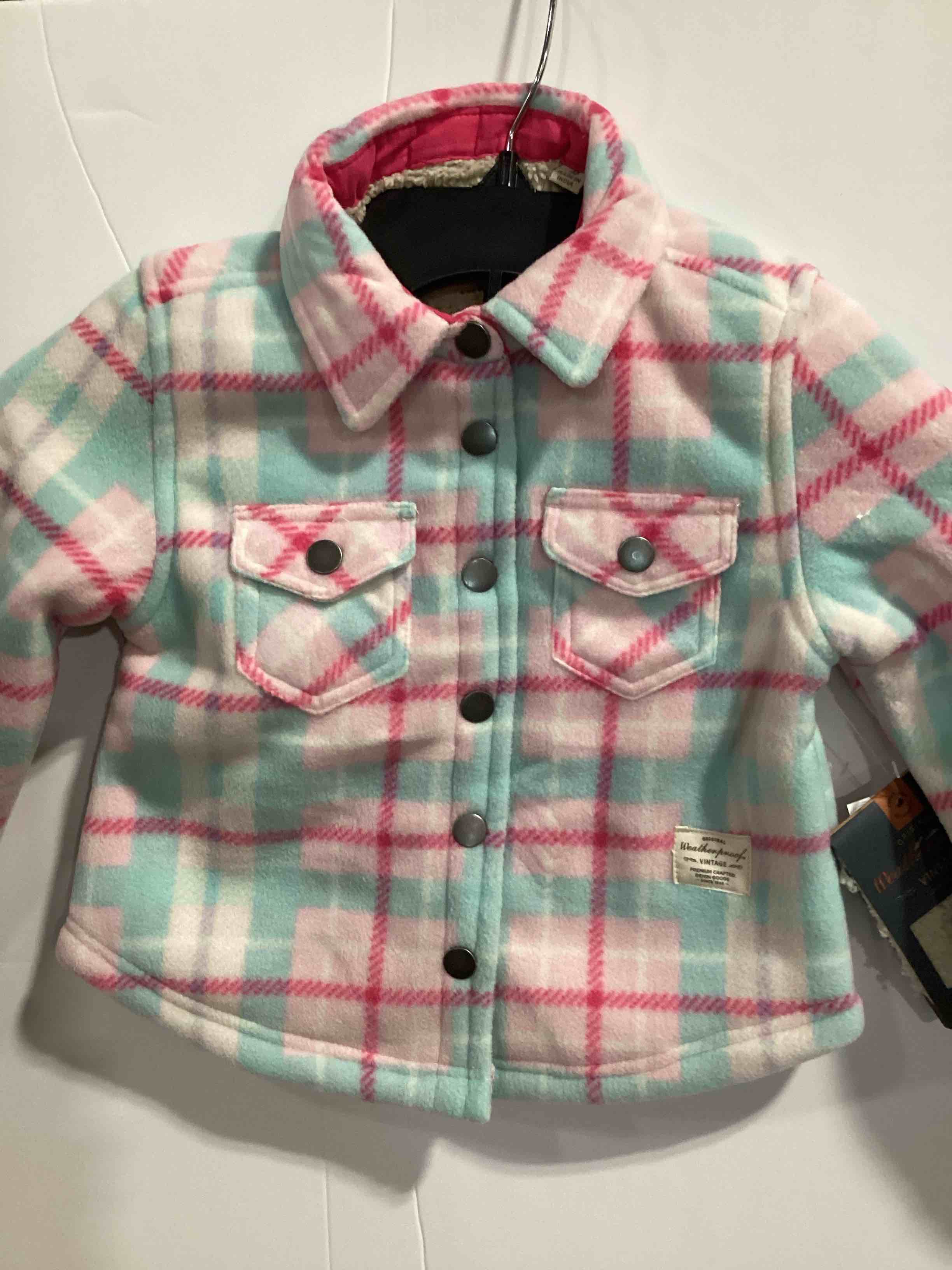 Condition photo showing New/Like New for original waterproof, vintage kids, sherpa line plaid shirt, jacket, soft pink size 6