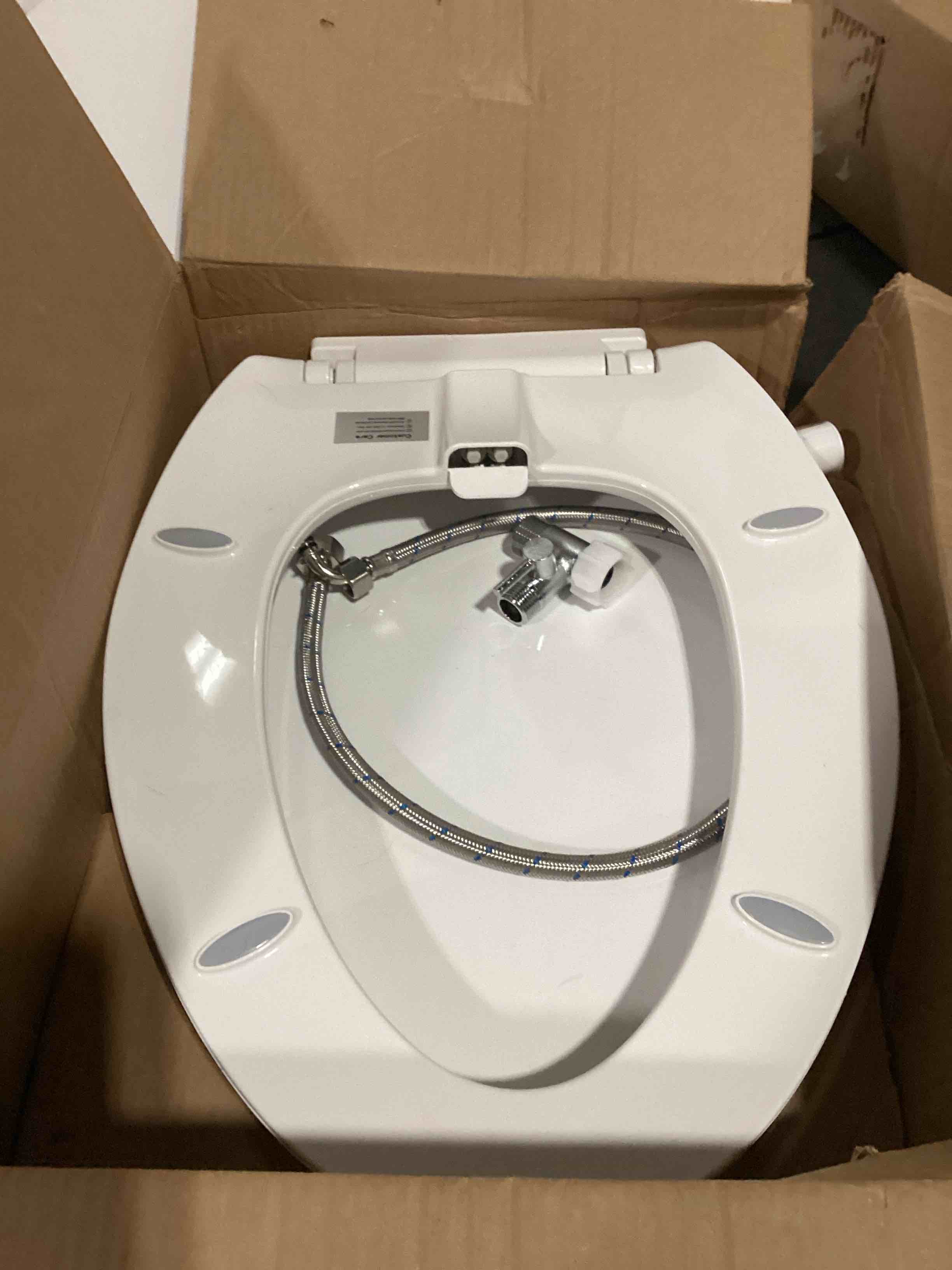 Condition photo showing As Is for clirass elongated bidet toilet seat with quiet-close, non-electric bidet mode with dual nozzles, fit elongated toilet seat, adjustable water pressure with brass inlet (elongated)