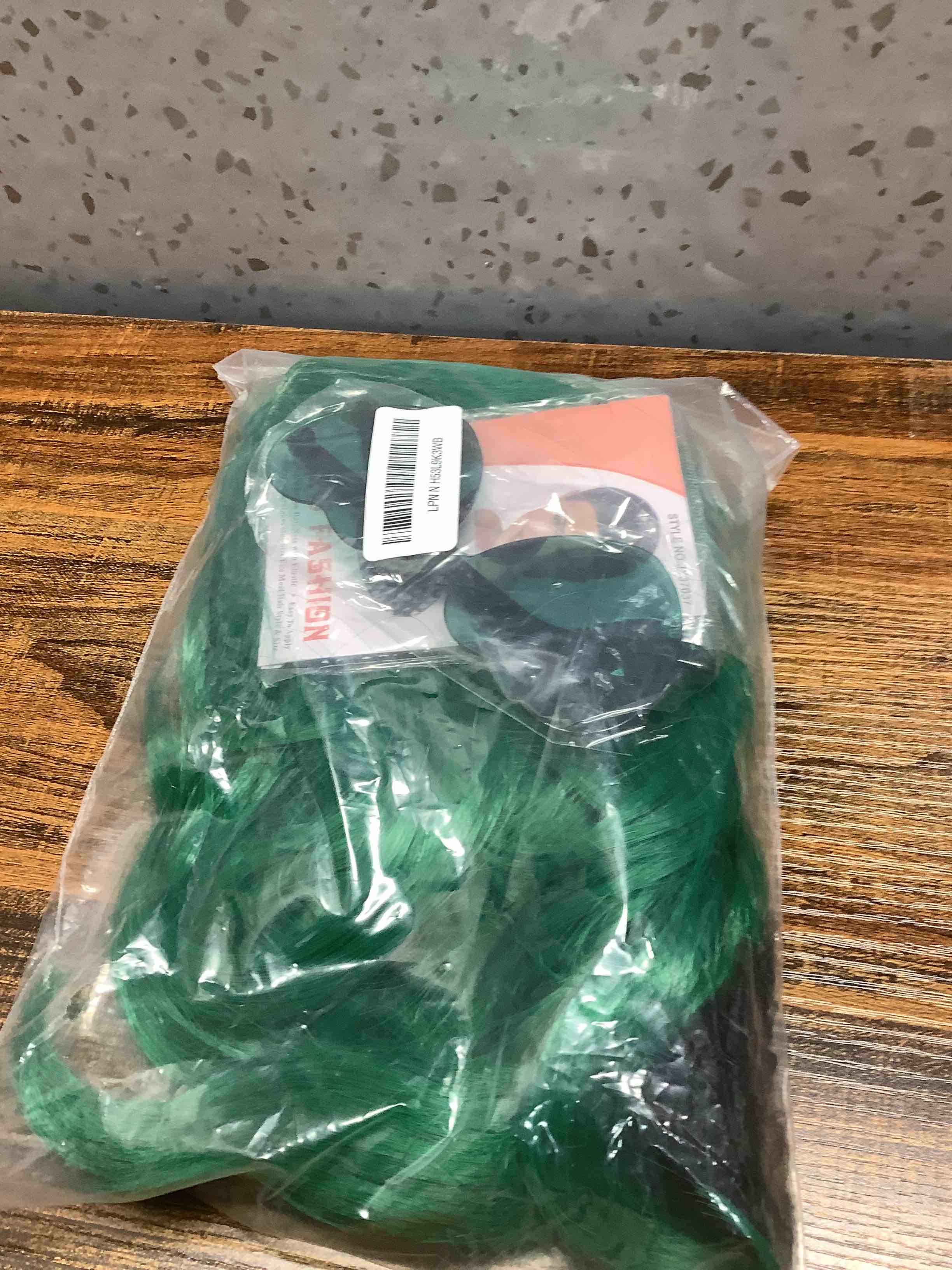 Condition photo showing Good Condition for PLULON Green Wavy Bob Wigs with Bangs Heart Sunglasses Hair Cap for Women, Colored Synthetic Hair Short Bob Loose Curly Shoulder Length Wigs for Costume Bachelorette Party Music Festival
