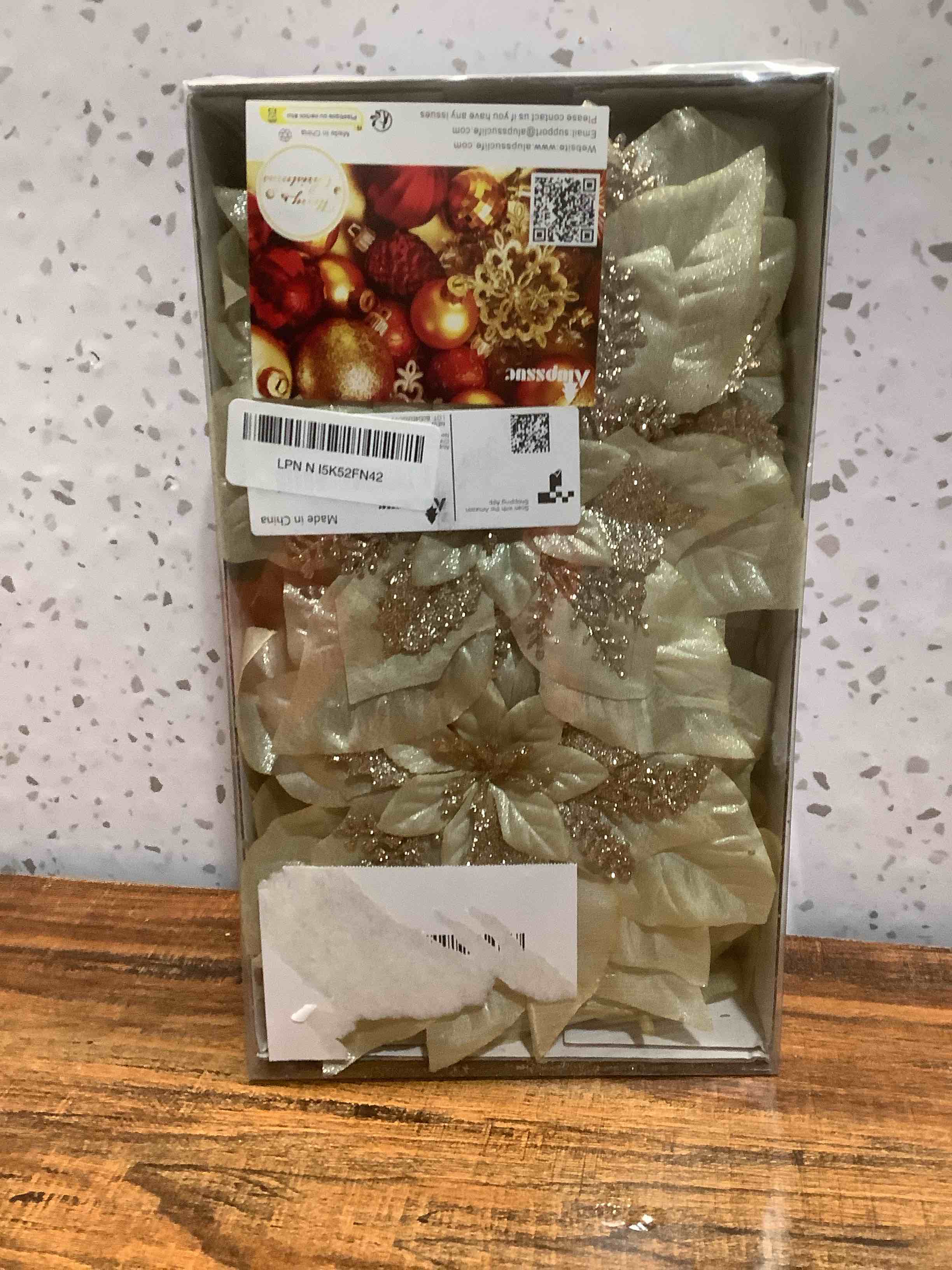 Condition photo showing Good Condition for Alupssuc 24PCS 6"& 9" Champagne Gold Artificial Poinsettia Christmas Flowers, Glitter Faux Ornaments for Xmas Tree Wreath Garlands New Year Home Decor, Champagne Gold