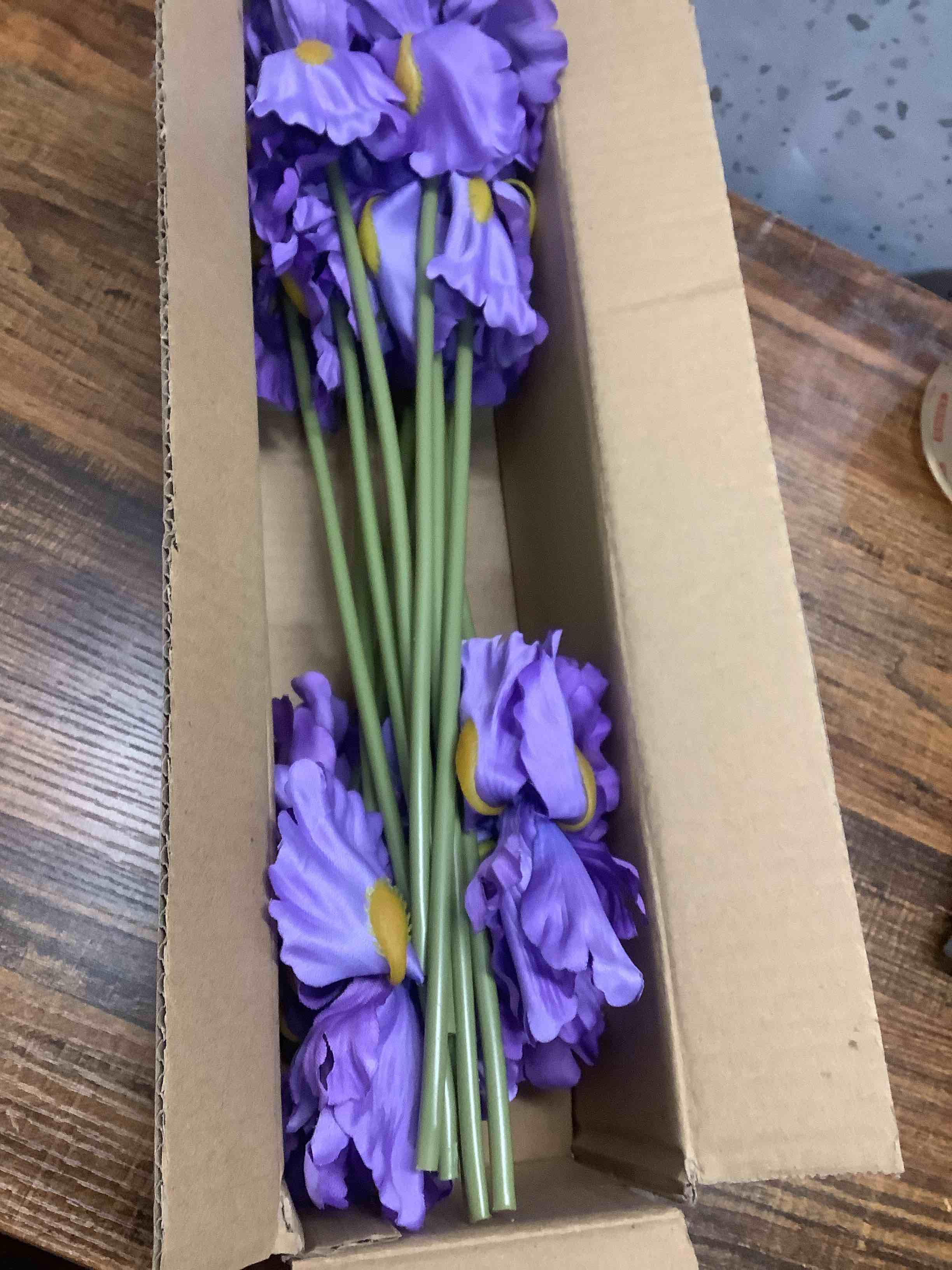 Condition photo showing Good Condition for Hollyone Iris Artificial Flowers 15Pcs Faux Iris Purple Flowers 14.2" Real Touch Fake Flowers Picks Bouquets for Wedding Bridal Home Arrangements Office Table Centerpieces Decor