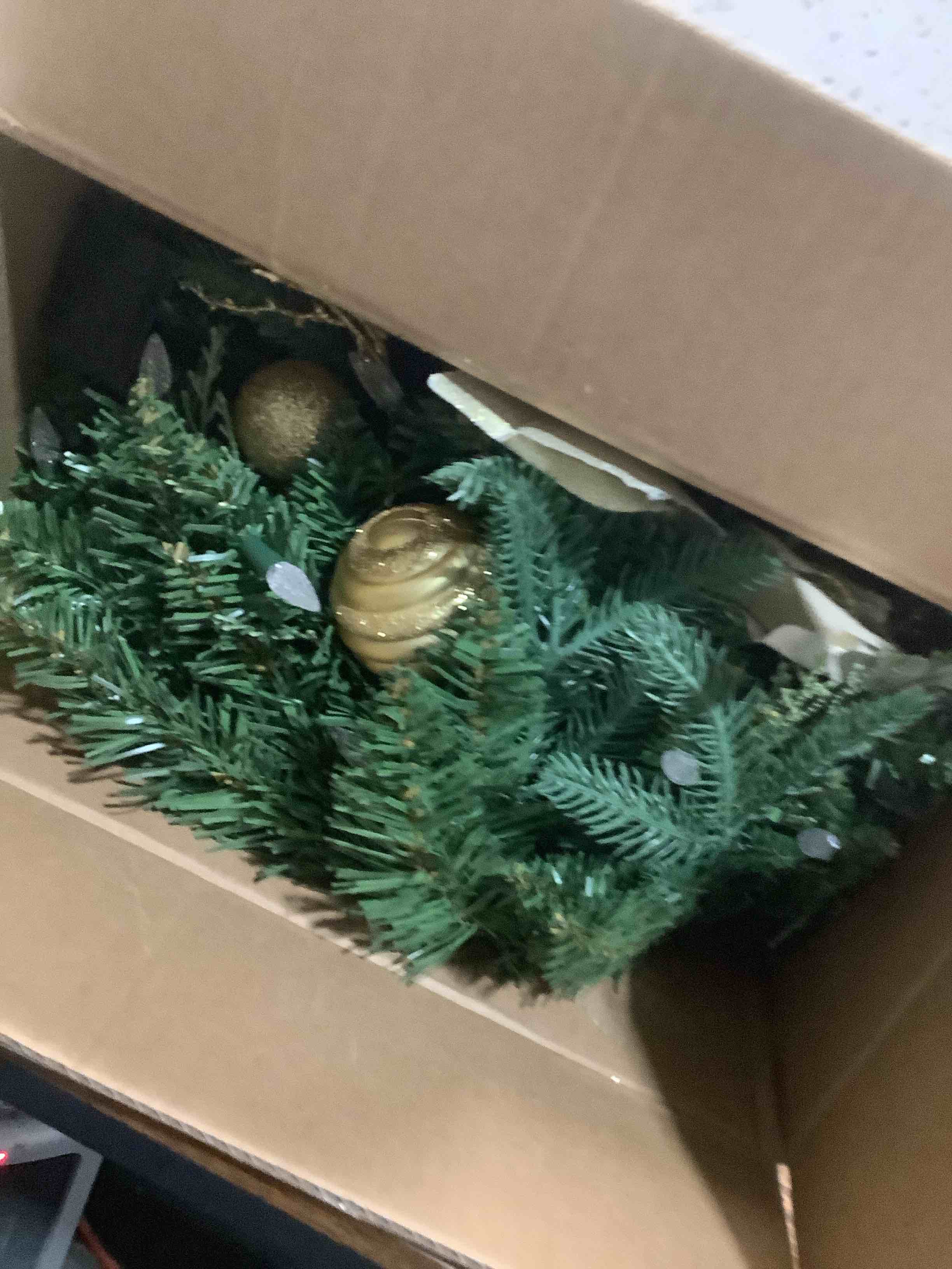 Condition photo showing As Is for Pre-lit Christmas Wreath with Lights, Pine Cones Gold Balls, Berries and Gold Flowers, 24 Inch 50 Battery Operated LED Lights, Holiday/Decoration/for Front Door/Outdoor
