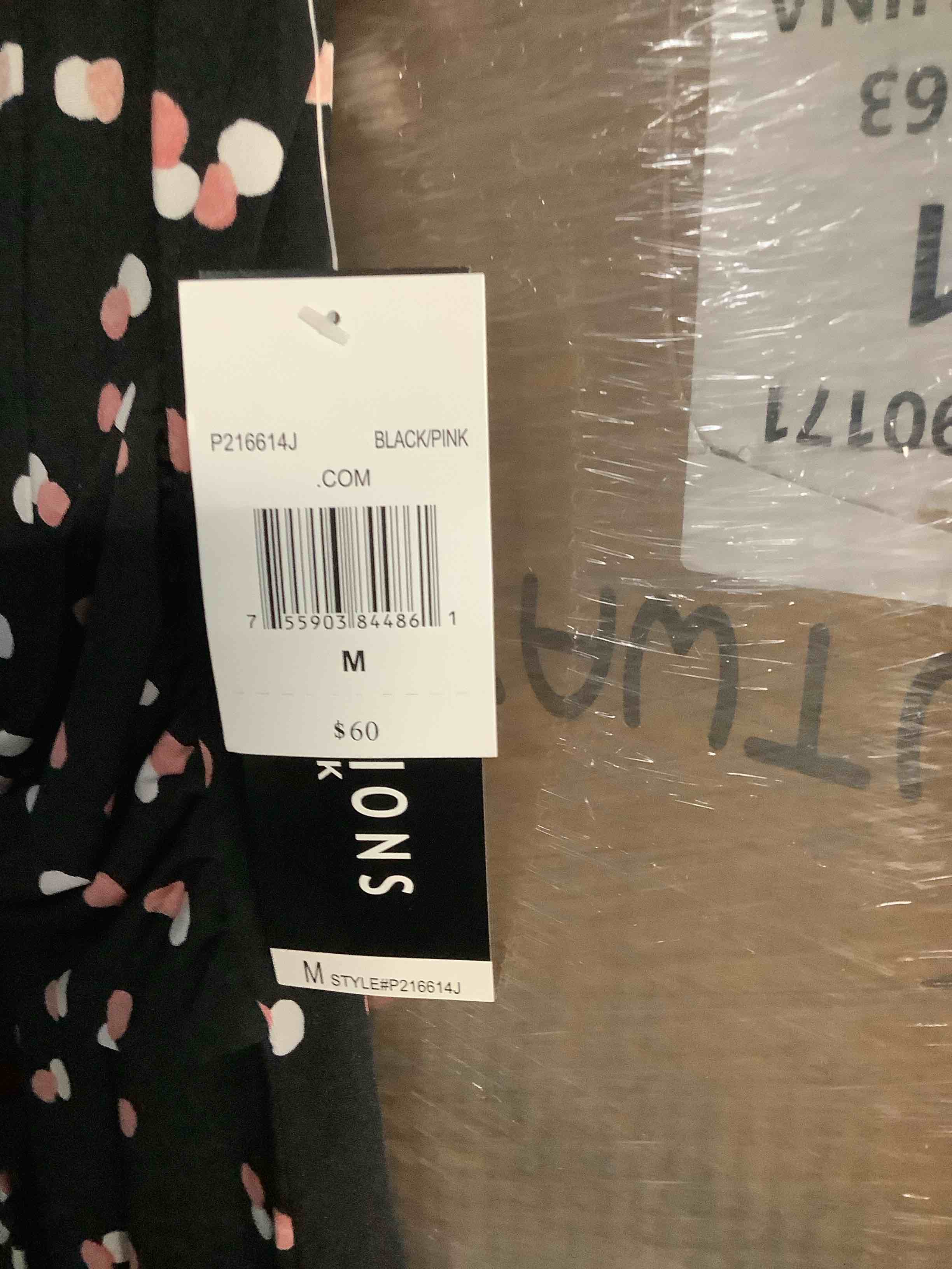 Condition photo showing New/Like New for perceptions new york black polkadot dress with pink and cream. it has a belt in the front and it is a size medium super soft material.