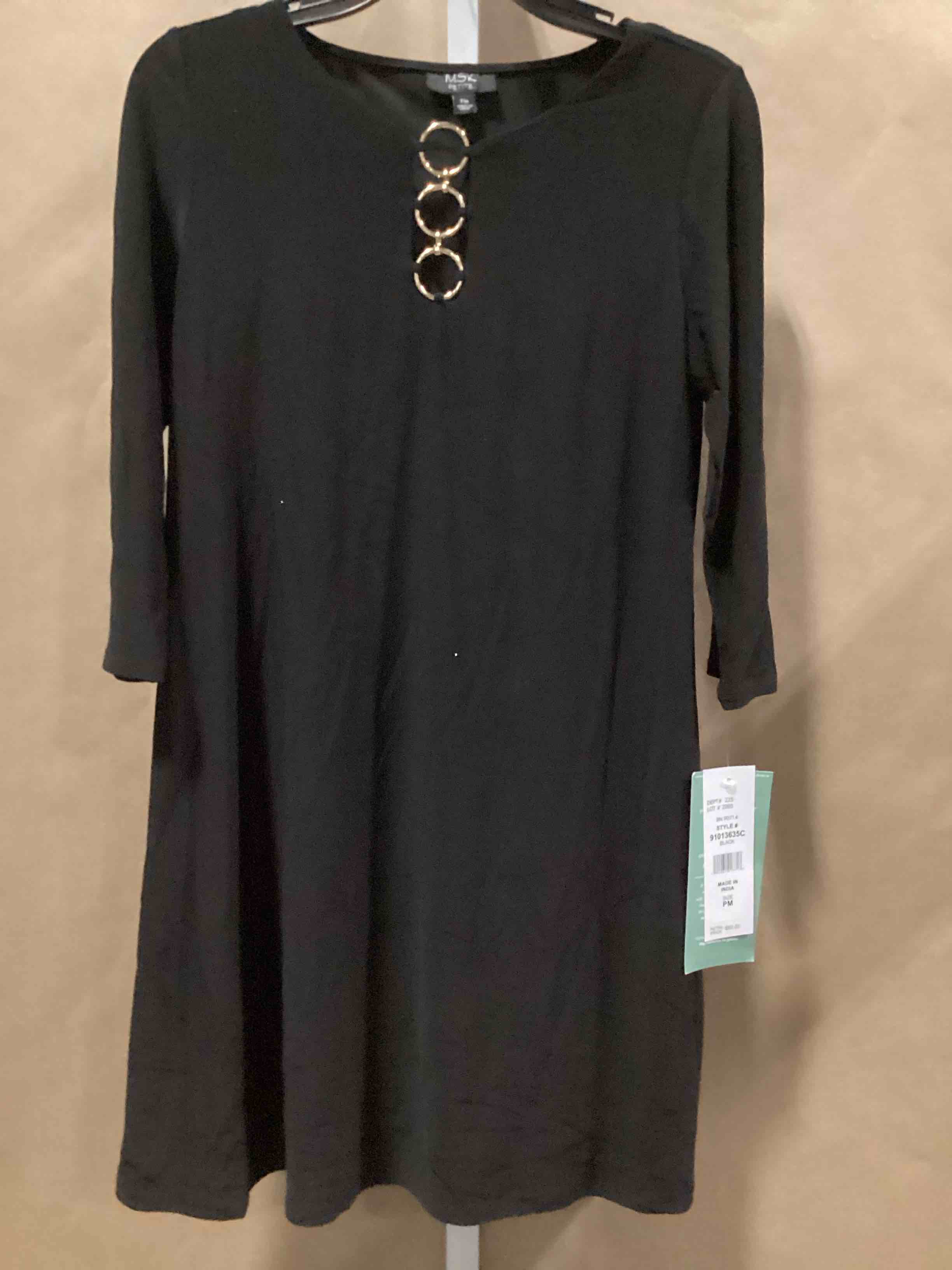 MSK petite women’s PM black 3/4 sleeve a line dress gold ring neck new tags style 91013635C