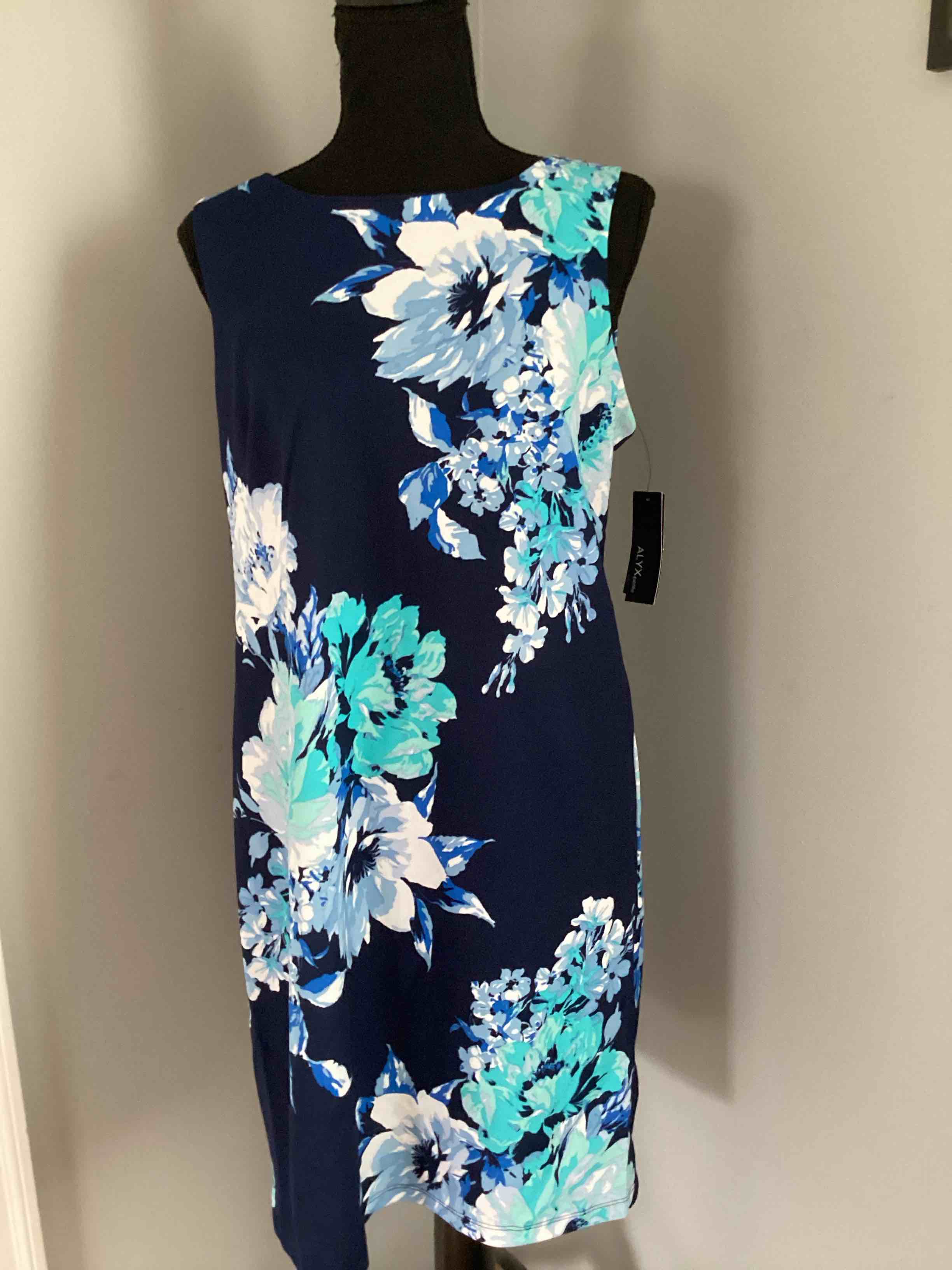 Condition photo showing New/Like New for alyx-petite sleeveless floral sheath dress, 12 petite , blue