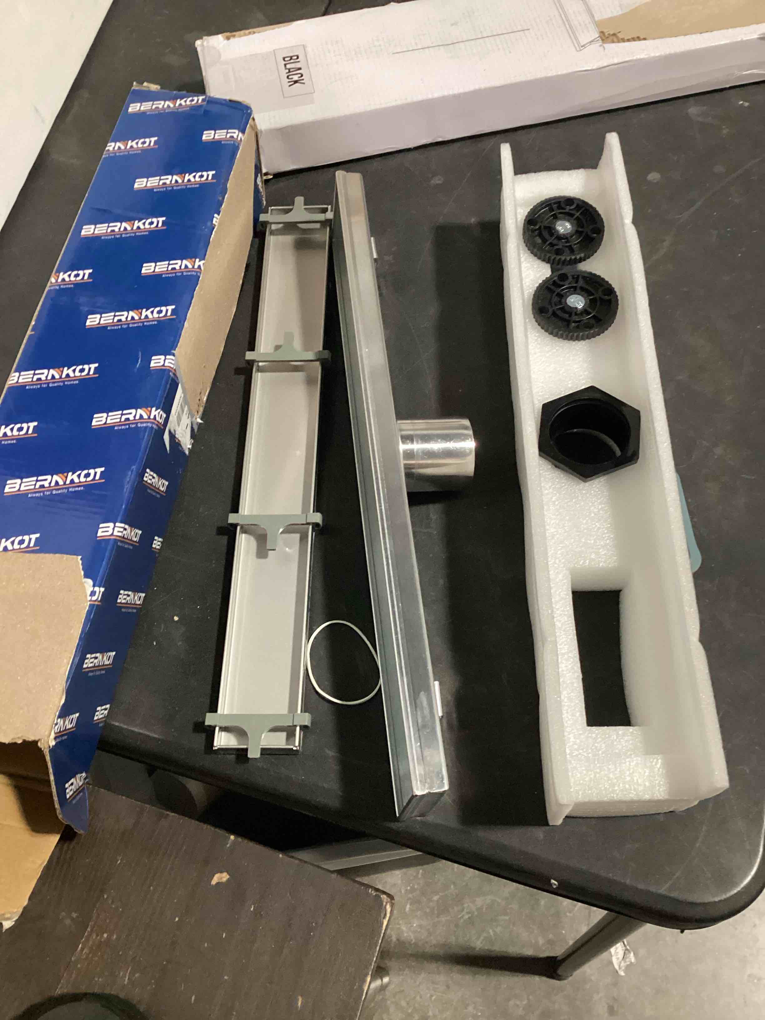 Condition photo showing Good Condition for 18-inch linear shower drain with tile insert grate, sus 304 stainless steel linear drain, brushed nickel long rectangle shower floor drain with leveling feet, hair strainer, fits bathroom