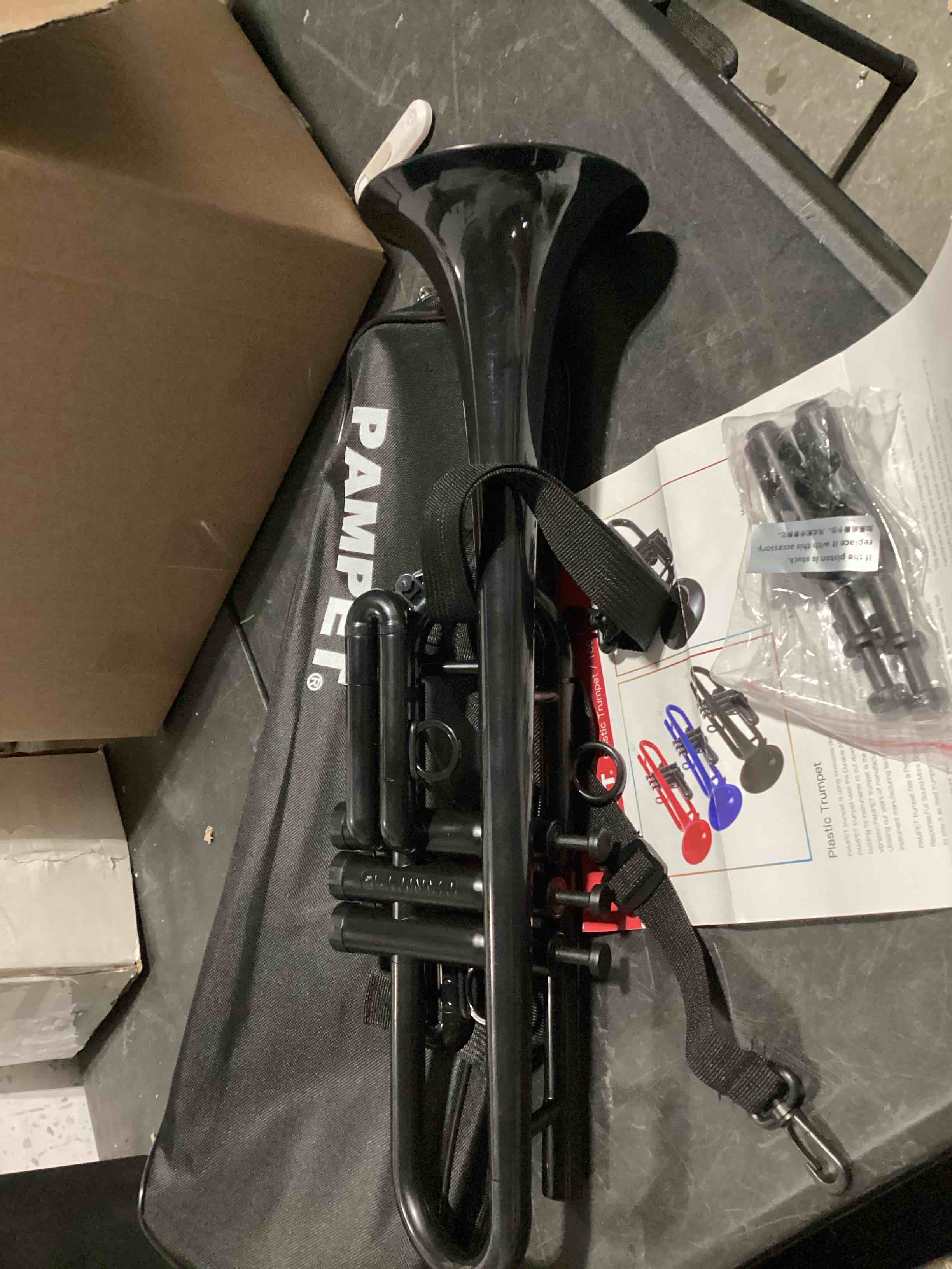 Condition photo showing Good Condition for professional plastic bb trumpet**(color is black)** standard trumpet set for student beginner with 7c mouthpiece and 3c mouthpiece,bb trumpet instrument, blue