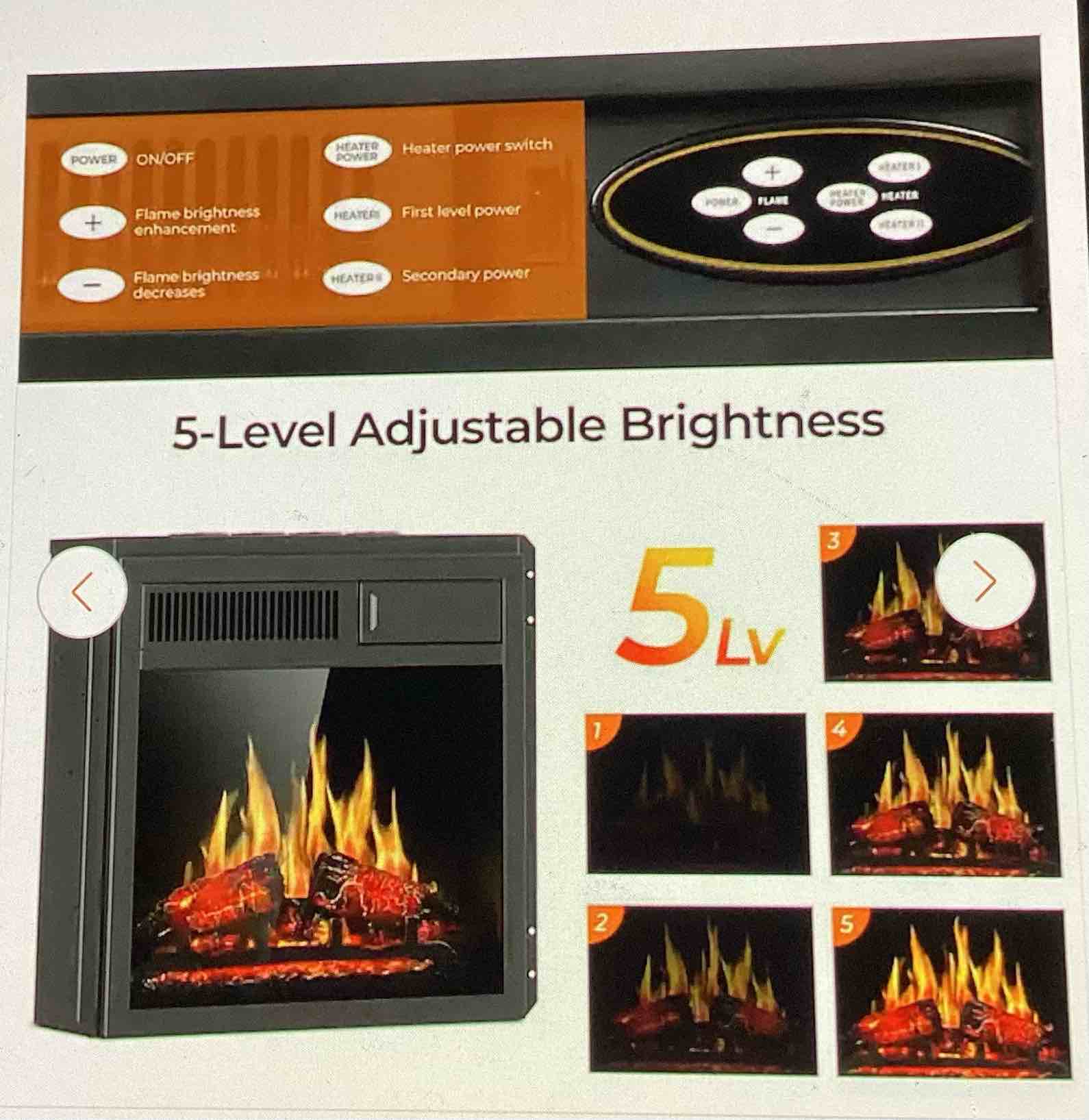 Condition photo showing As Is for 36 inch freestanding (color is white)wooden electric fireplace model number m1804