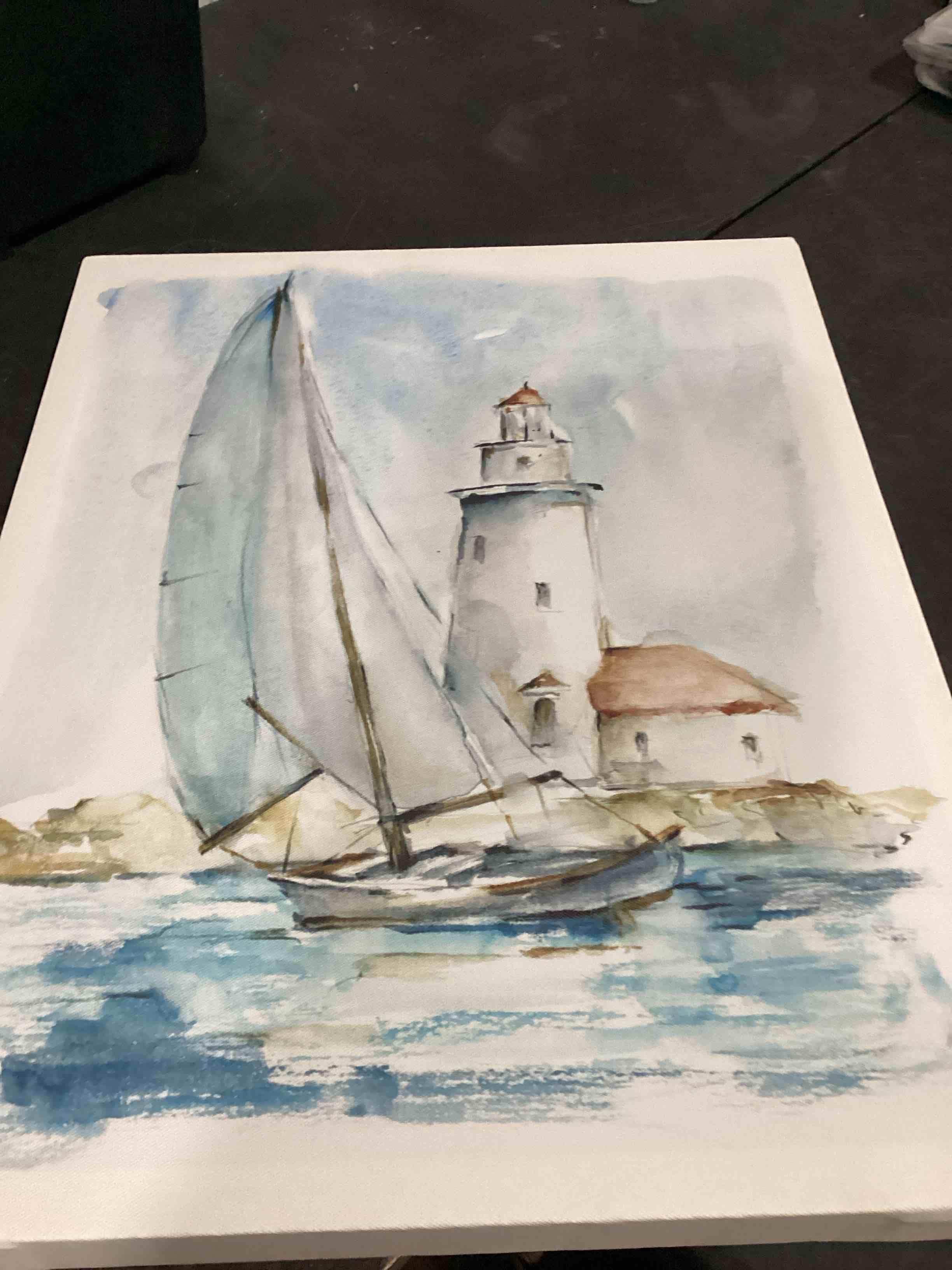 Condition photo showing Good Condition for 'nautical sailboat & lighthouse'| canvas art | stupell industries | 16 x 20 inches, easy to hang and sturdy, made in usa, by ethan harper