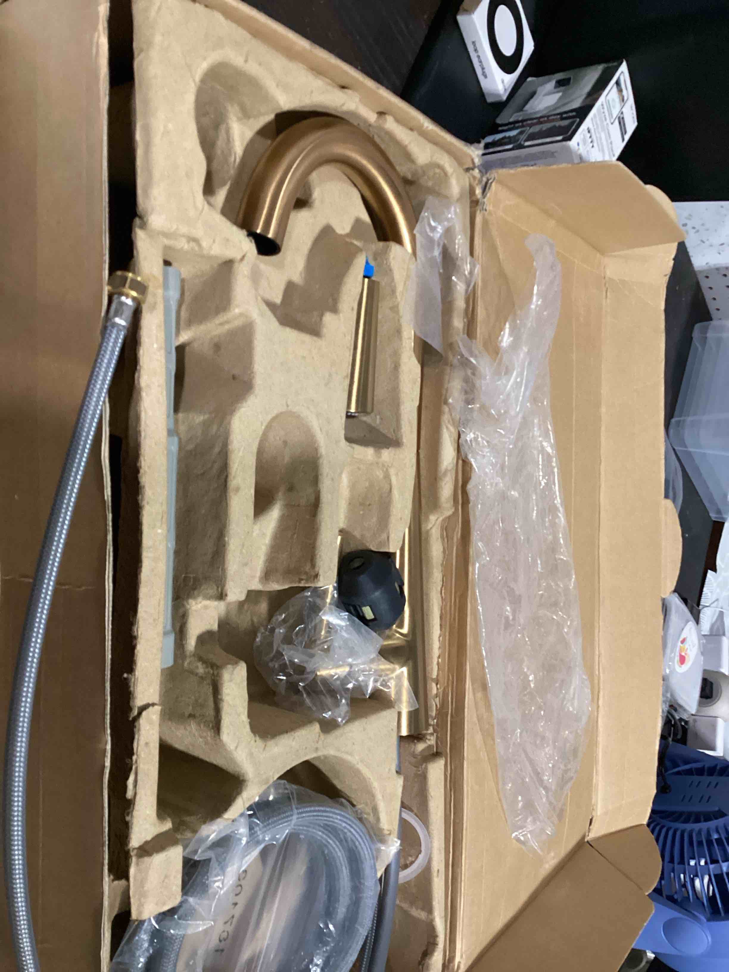 Condition photo showing As Is for moen sleek brushed gold one-handle, single-hole pulldown kitchen faucet with powerboost technology for faster water flow, 7864bg