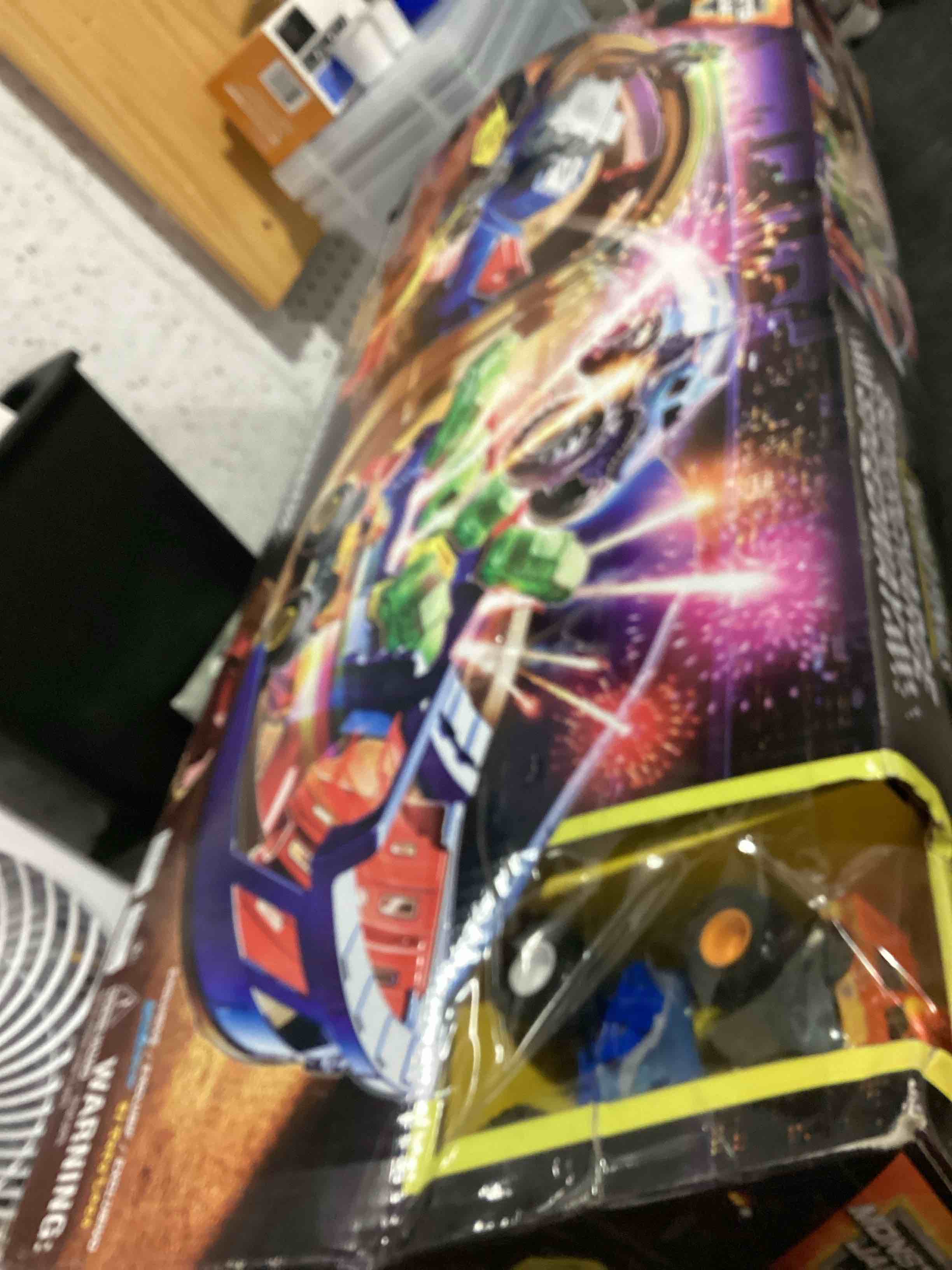 Condition photo showing Good Condition for monster jam, supercharge speedway playset, megalodon and el toro loco die-cast monster trucks, light up world finals track kids toys for boys ages 3 and up