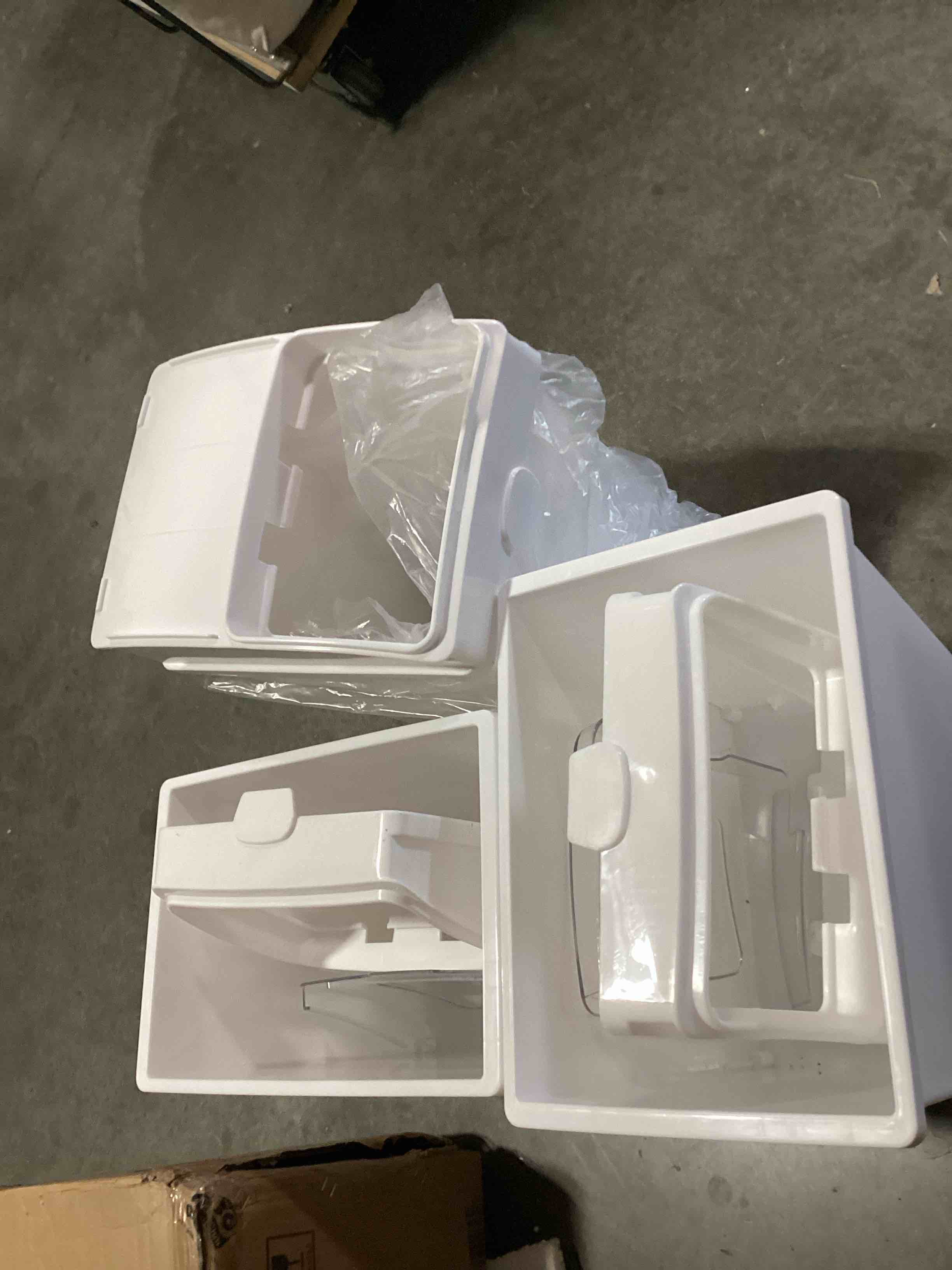 Condition photo showing As Is for vevor ingredient bin, 5.2 gallons capacity ingredient storage bin, 3 pcs/set, pp material flour bins on wheels, white shelf ingredient bin with scoop and sliding lid, commercial storage bins