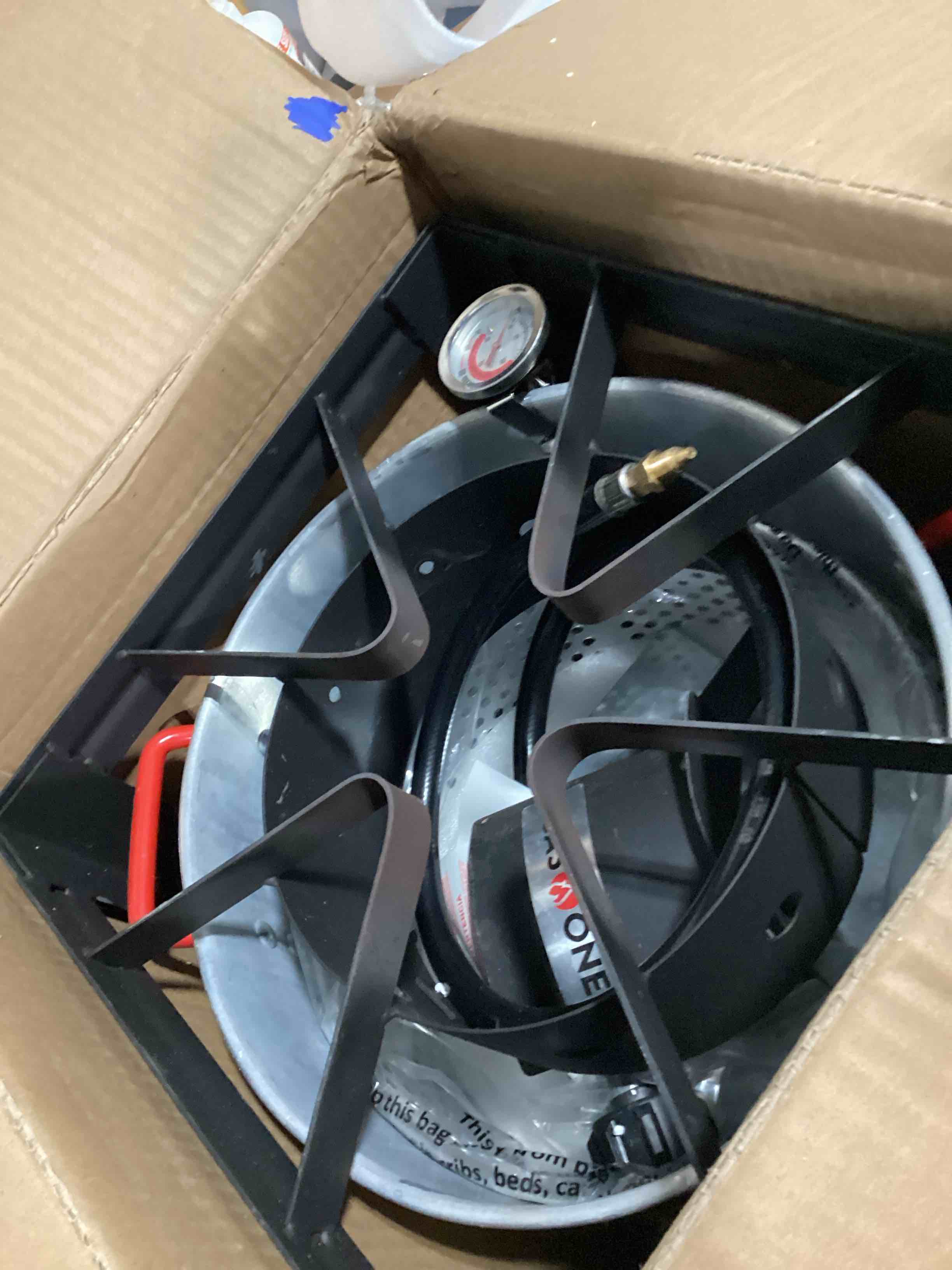Condition photo showing Good Condition for gasone 30qt turkey fryer and 10qt fish fryer set, seafood boil steamer, crawfish boiler, outdoor cooker for crab, shrimp, lobster, complete black fryer kit for holiday and seasonal cooking