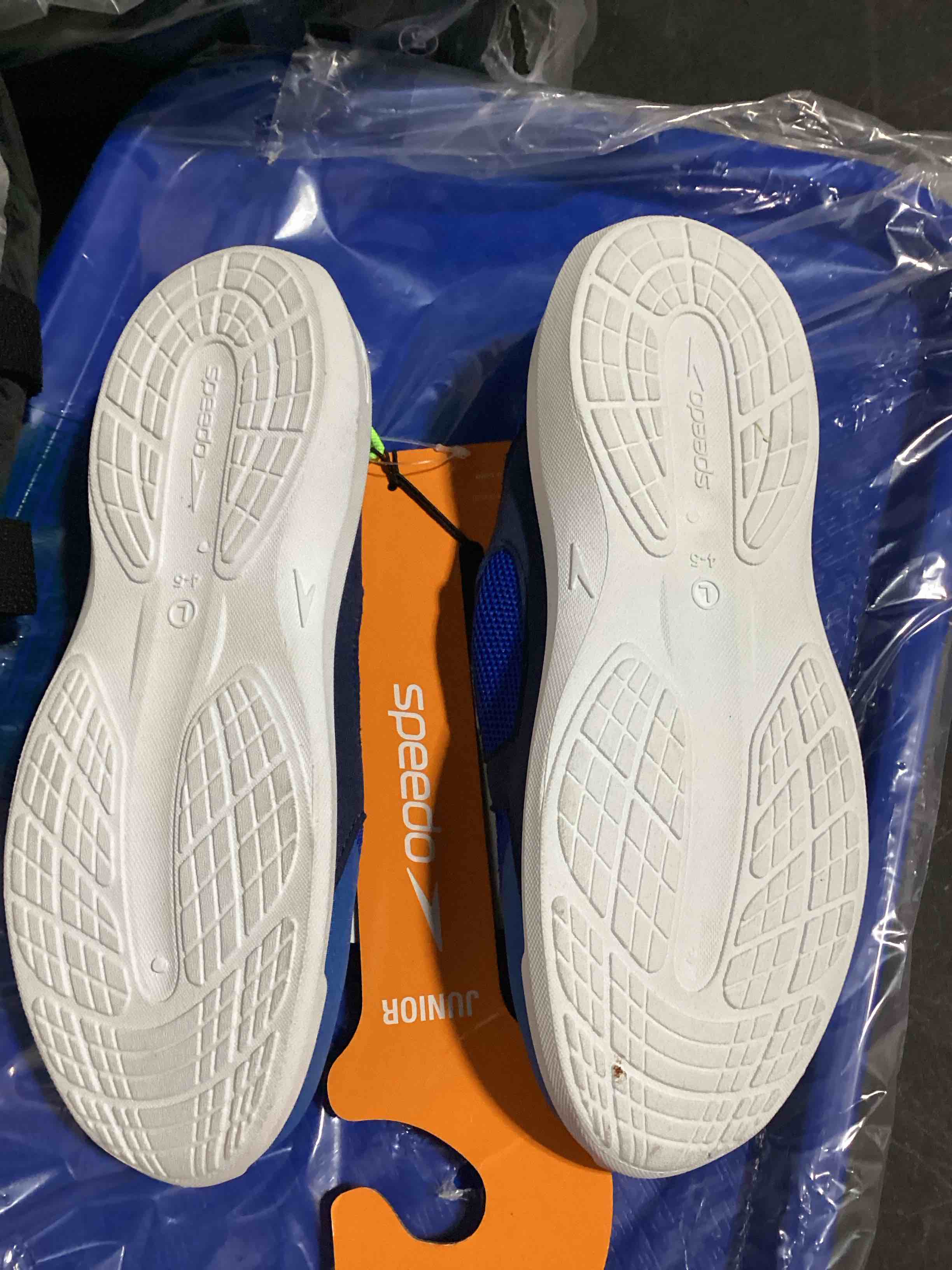 Condition photo showing New/Like New for speedo junior pull on water shoes, blue s non-marking soul breathable size 4-5