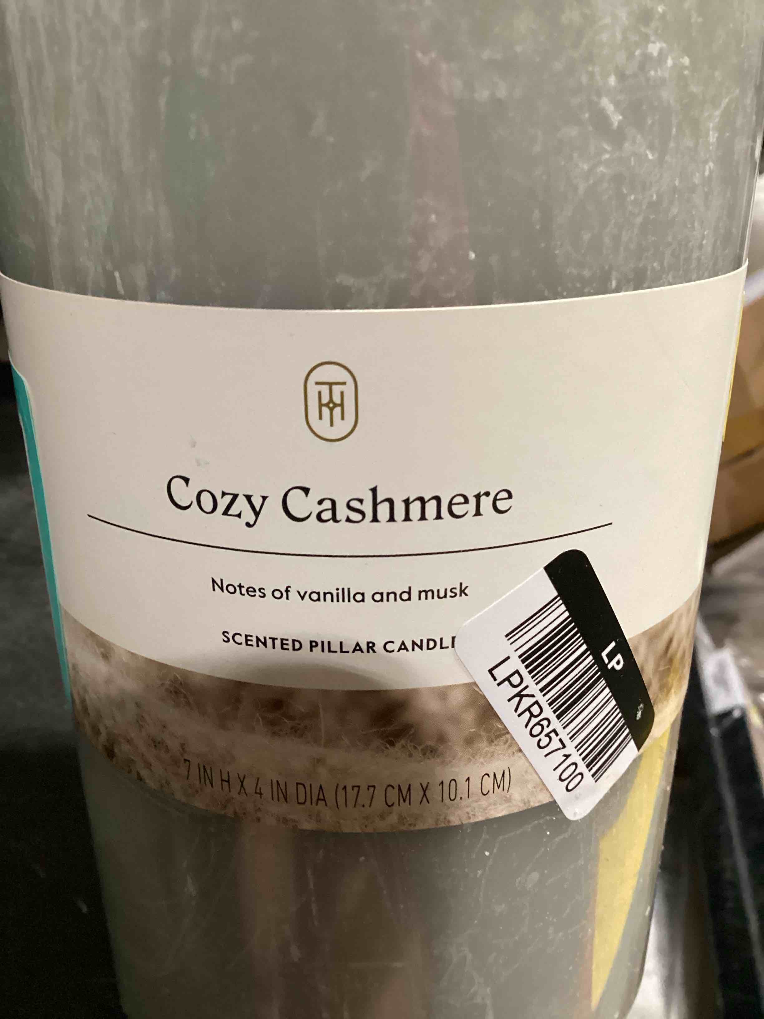Condition photo showing New/Like New for 7" x 4" pillar cozy cashmere candle gray - threshold™: scented, 100hr burn time, smokeless