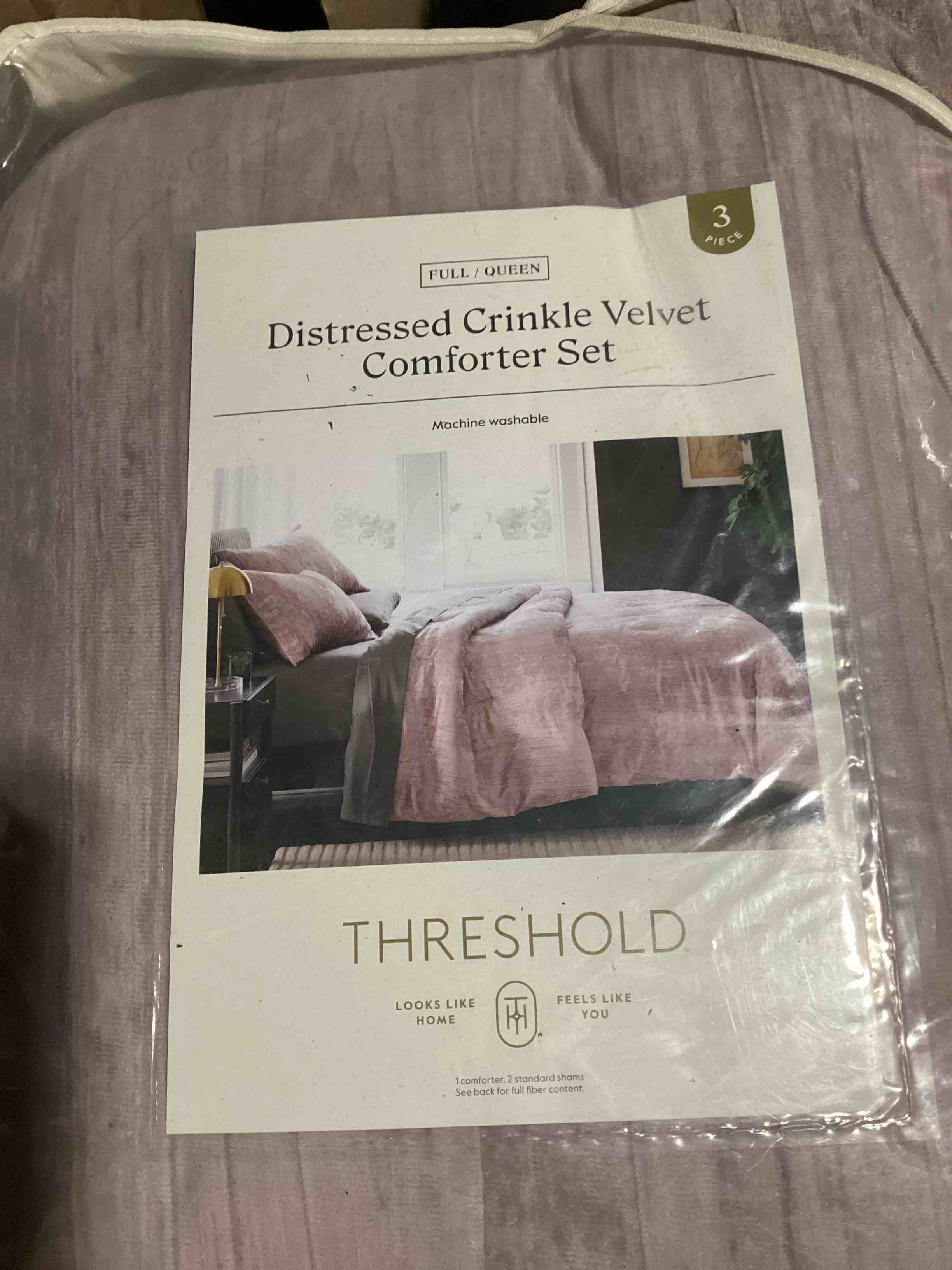 Condition photo showing Good Condition for 3pc full/queen luxe distressed crinkle velvet comforter and sham set mauve - threshold™
