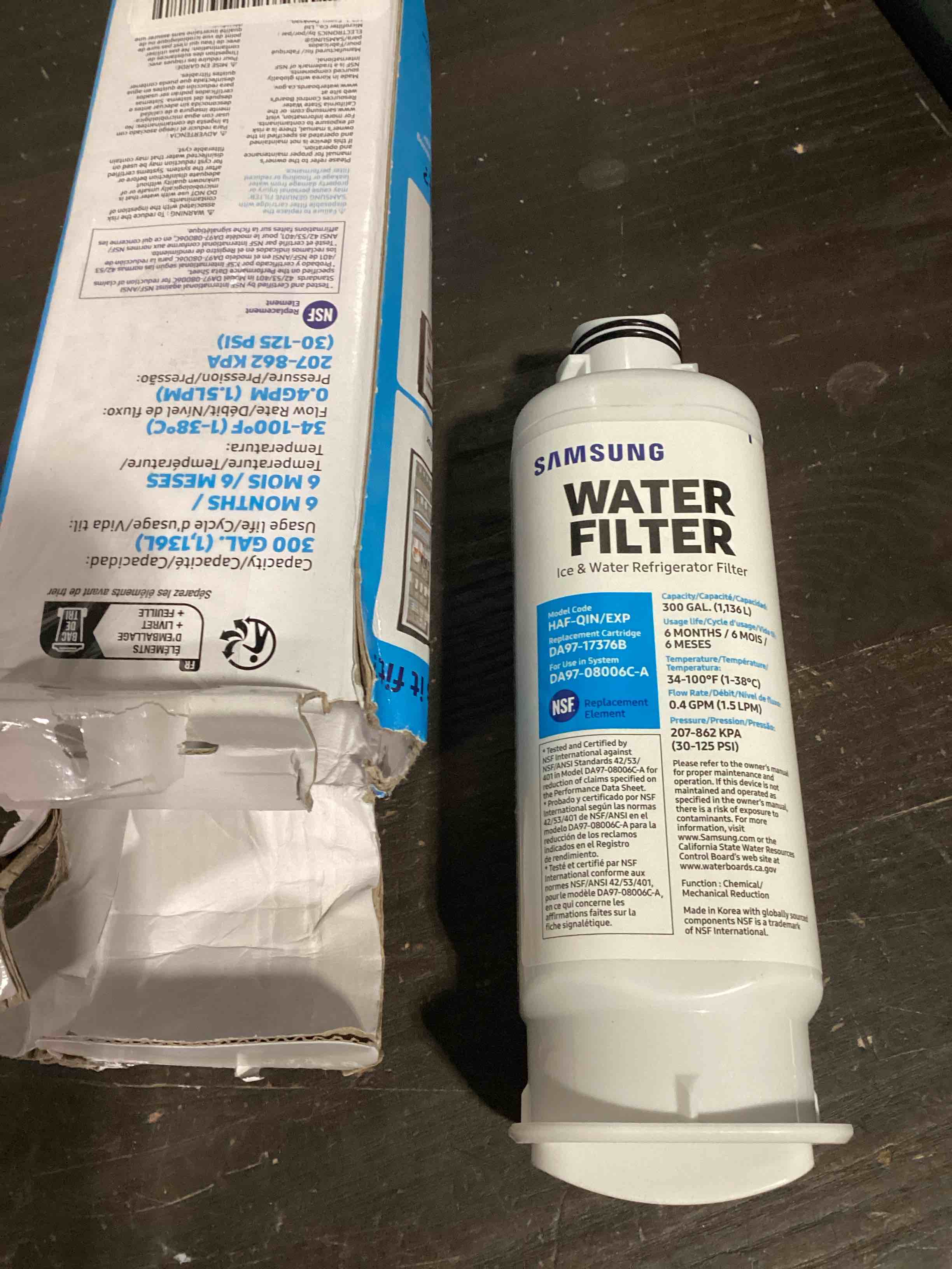 Condition photo showing Good Condition for samsung genuine filter for refrigerator water and ice, carbon block filtration, reduces 99% of harmful contaminants for clean, clear drinking water, 6-month life, haf-qin/exp, 1 pack