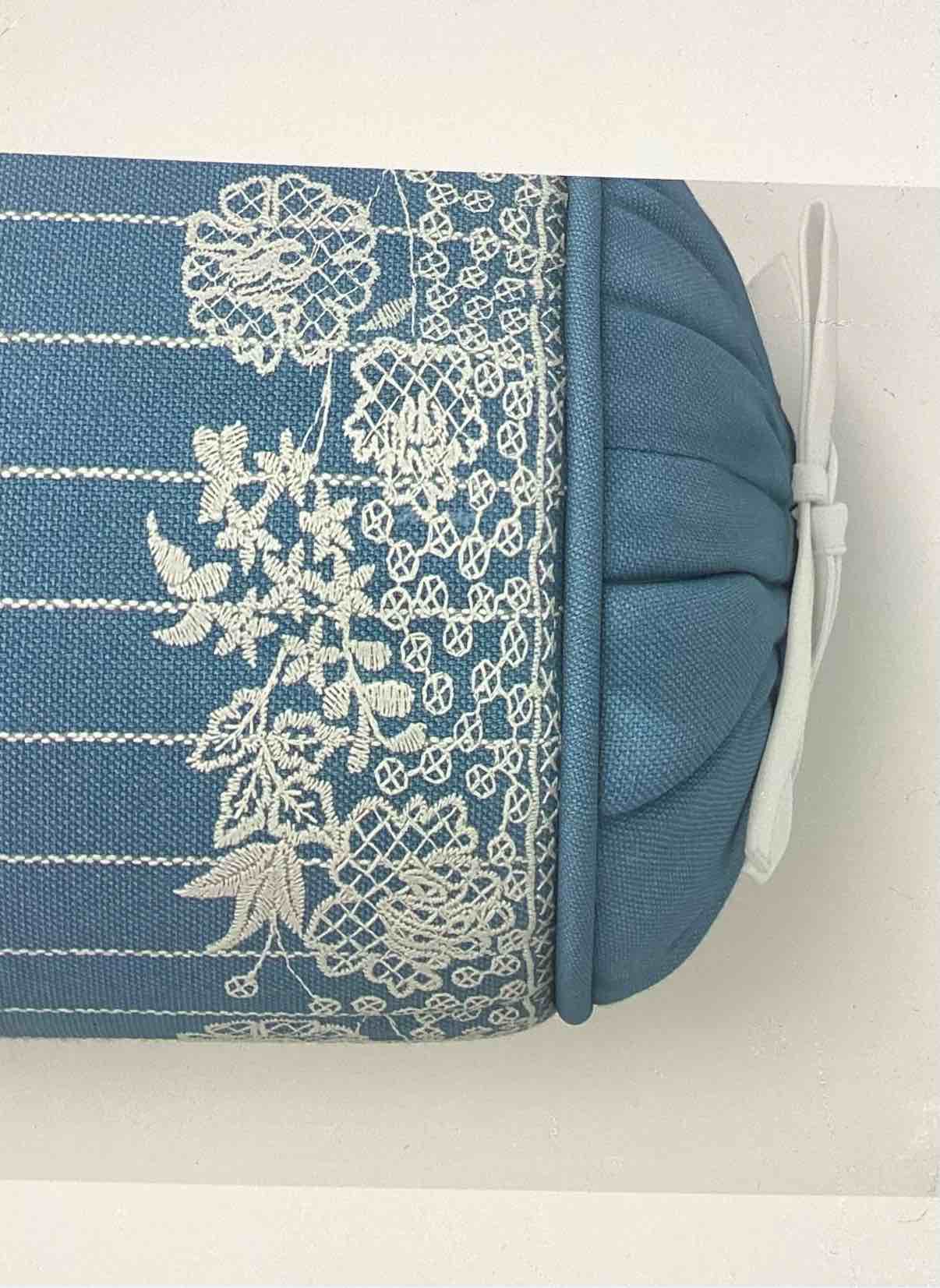 Condition photo showing New/Like New for 20 inch x 8 inch woven stripe side tie outdoor patio throw pillow blue designed with studio mcgee