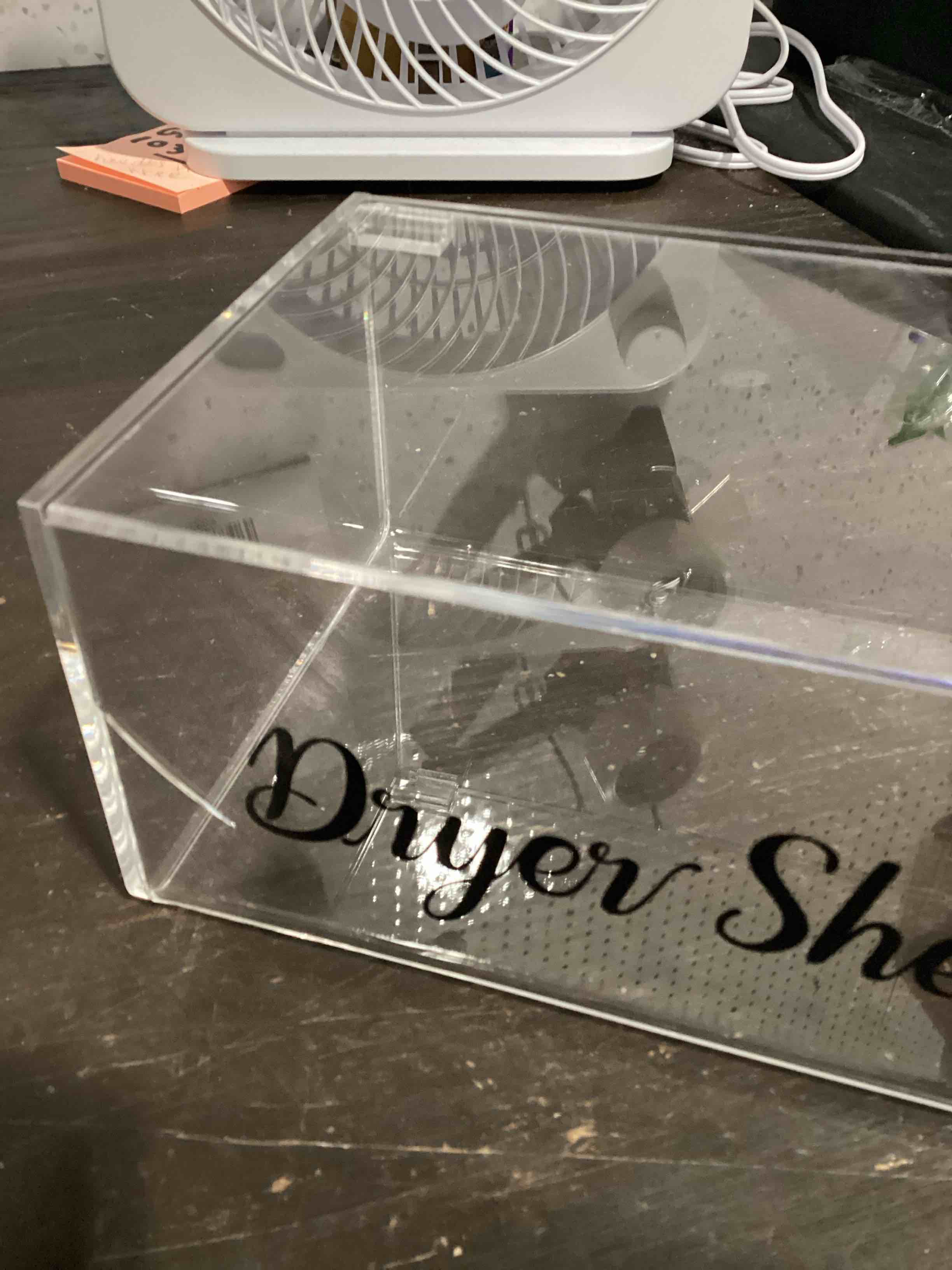 Condition photo showing As Is for acrylic dryer sheet holder dispenser container,bonus black labels included