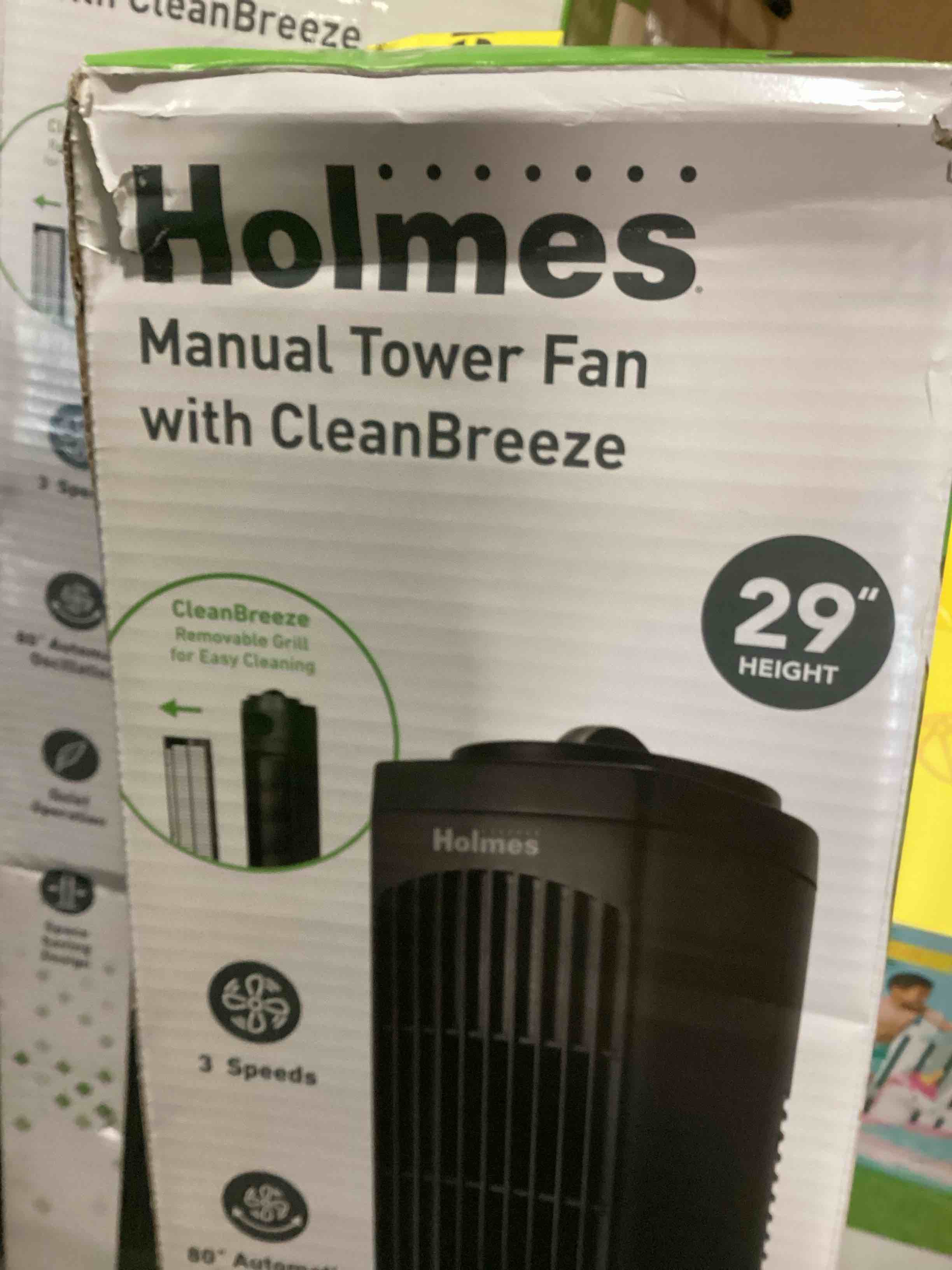 Condition photo showing New/Like New for holmes 29" manual tower oscillating fan with clean breeze