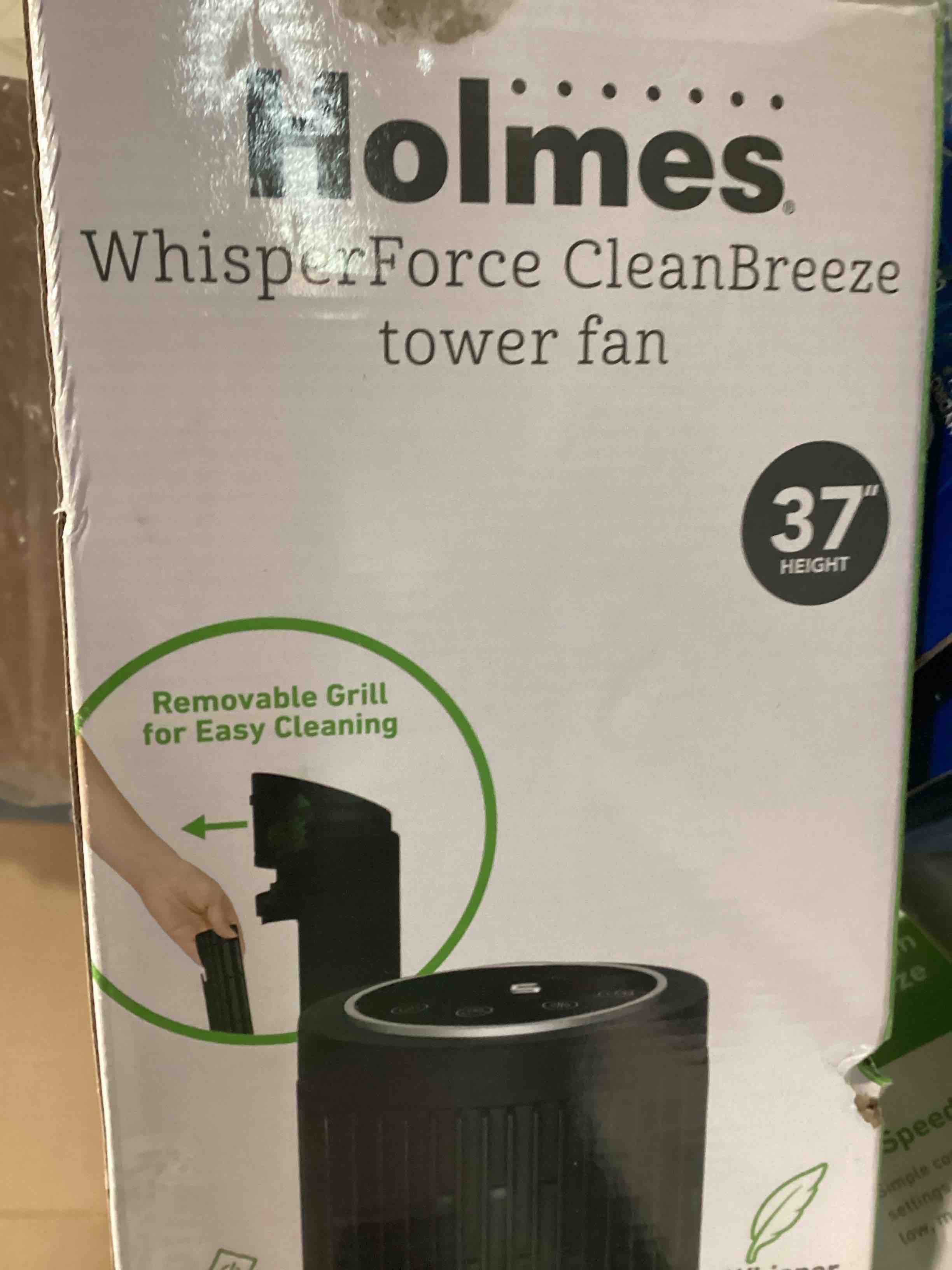 Condition photo showing New/Like New for holmes 37" whisper force tower oscillating fan with clean breeze