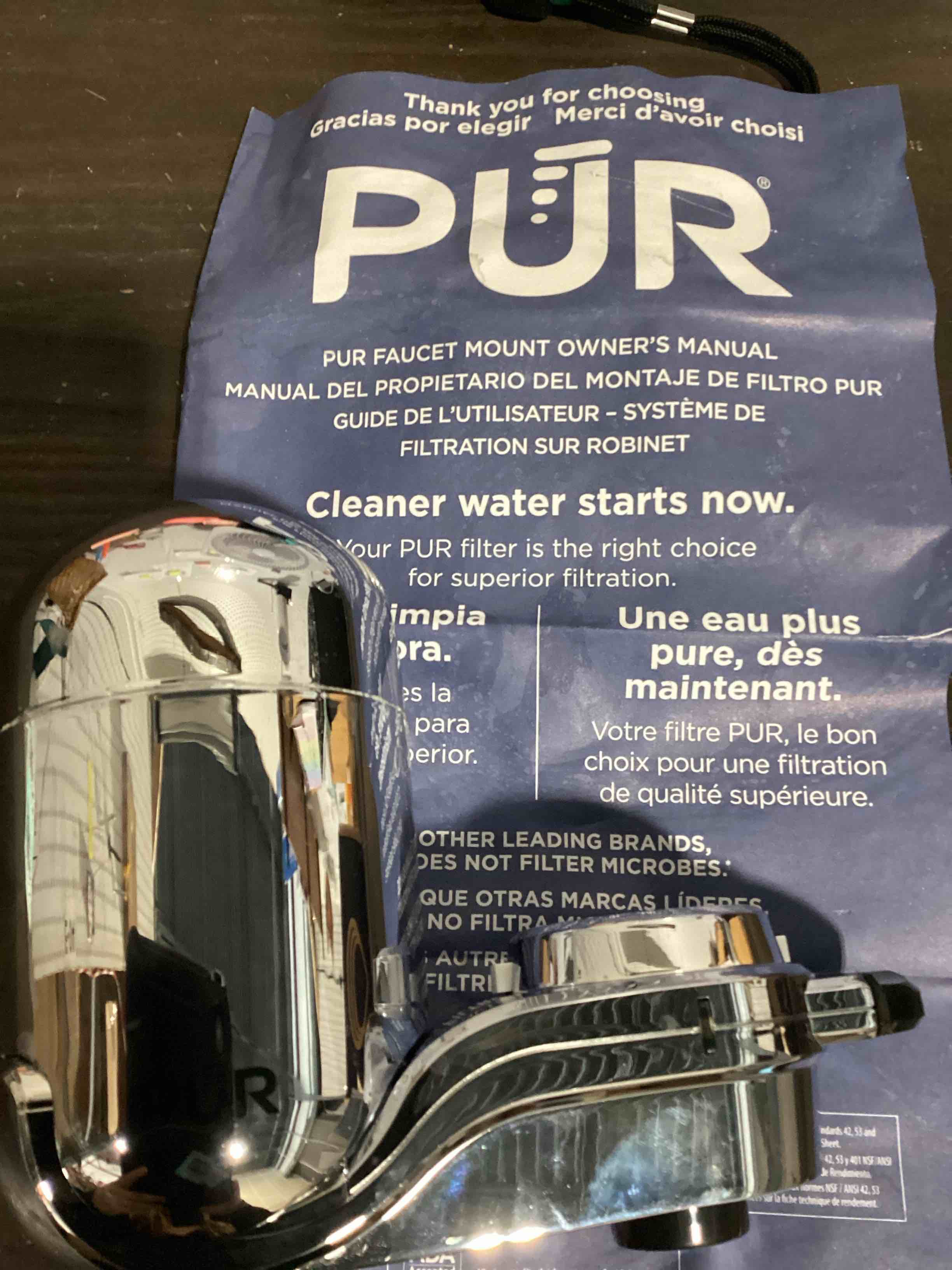 Condition photo showing As Is for pur faucet mounted water filtration system with 4 filters - chrome attachement