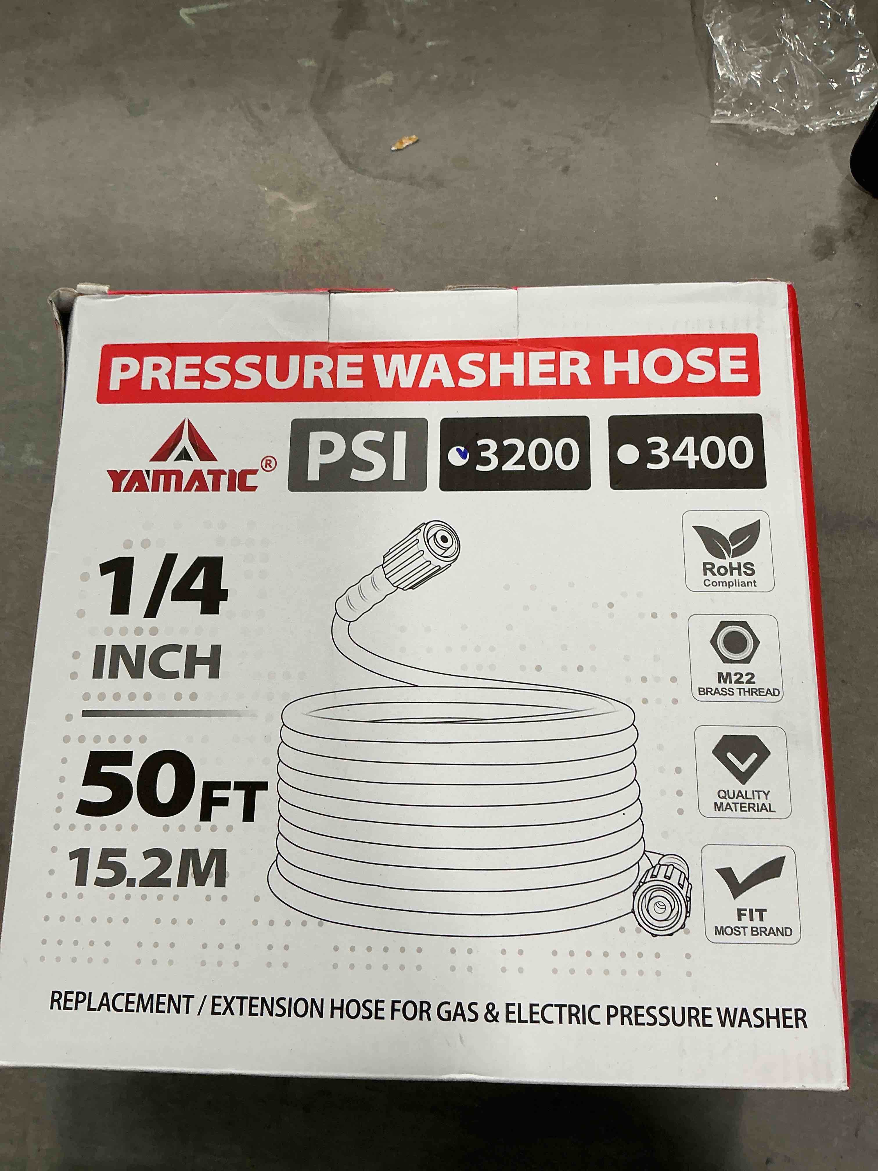 Condition photo showing New/Like New for YAMATIC Pressure Washer Hose 50FT 1/4" ID, Standard (2) M22 Brass Fittings, 3200 PSI Kink-Resistant Replacement for Ryobi, Troy Bilt, Greenworks, CRAFTSMAN M22 Threads Power Washers 50FTxM22