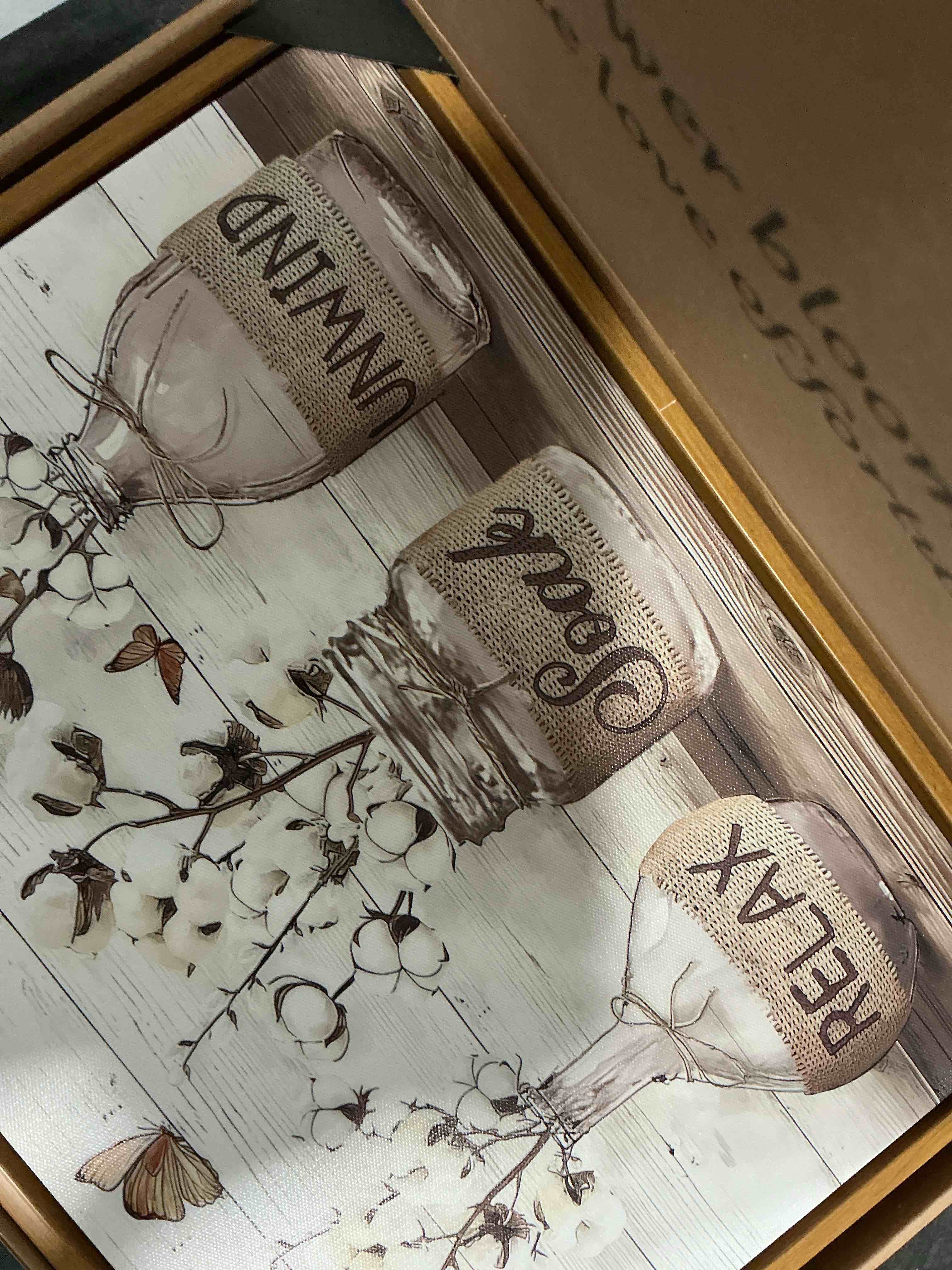 Condition photo showing Good Condition for Floating Framed Farmhouse Bathroom Decor Wall Art, Rustic Cotton Pictures Canvas Wall Decor Paintings, Modern Country Relax Soak Unwind Sign Artwork Posters Prints for Bathroom 12x16 Inch Brown PS Floating Framed 16"L x 12"W