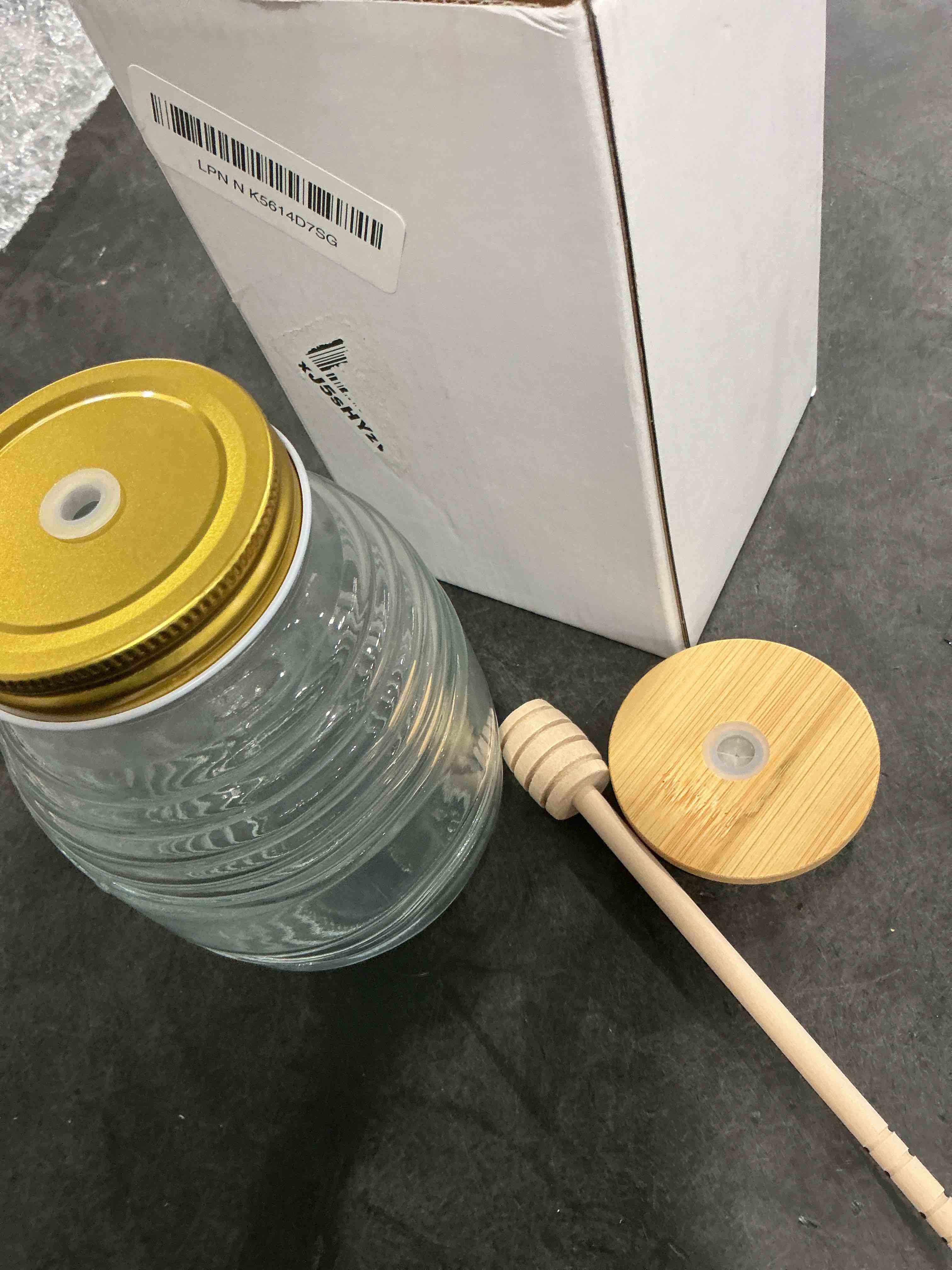 Condition photo showing Good Condition for Kate Aspen 24oz. Bee Hive Shaped Honey Glass Mason Jar with Two Wooden Honey Dippers, Bamboo & Metal Lid, Kitchen Decor, Bumblebee Baby Shower Prize, Take Home Gift, Bee Decorations