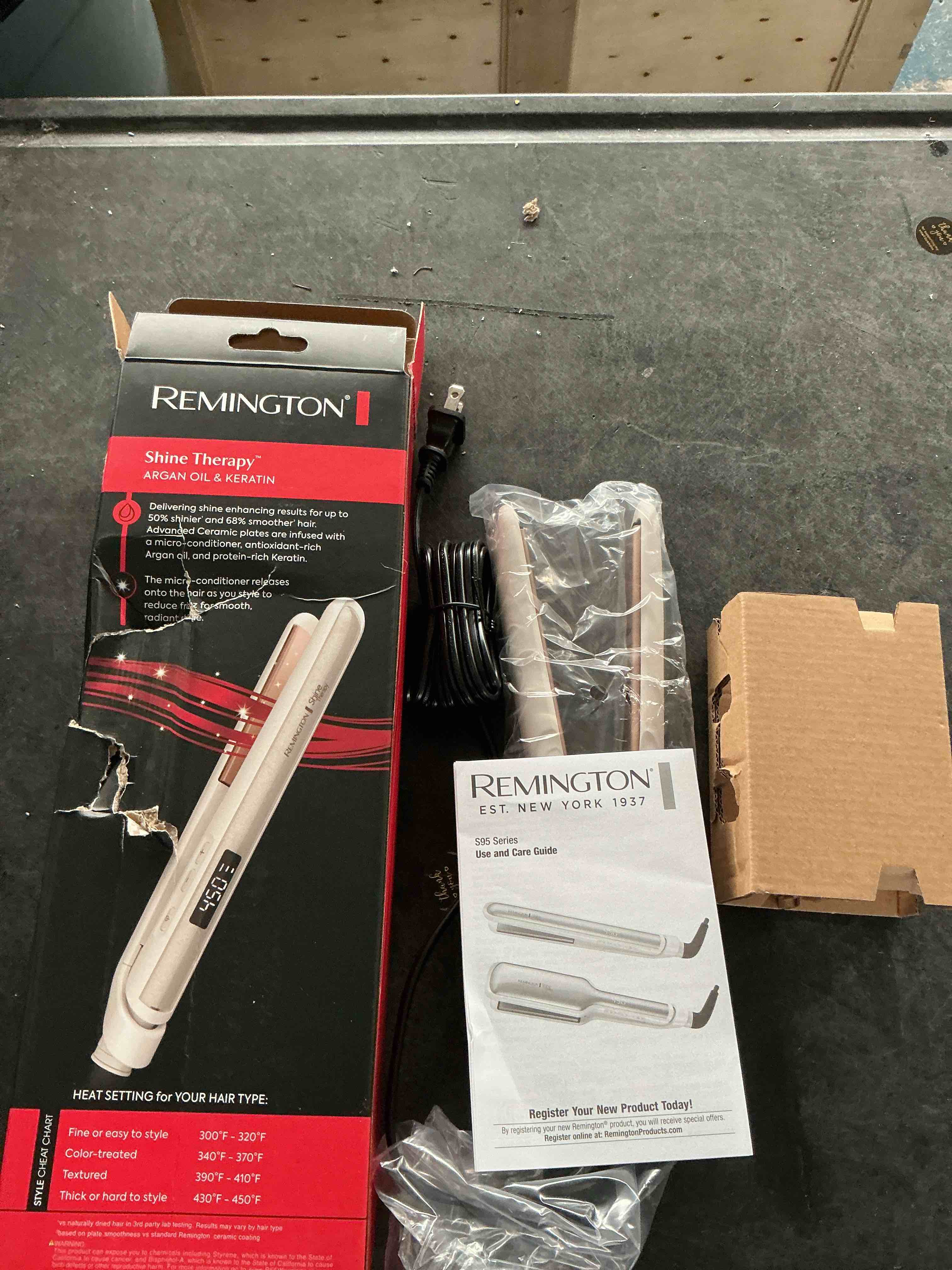 Condition photo showing New/Like New for Remington Shine Therapy 1 inch Hair Straightener Iron, Flat Iron for Hair Infused with Argan Oil & Keratin, Professional Ceramic Flat Iron for Less Frizz, Shinier & Smoother Hair, Hair Styling Tools