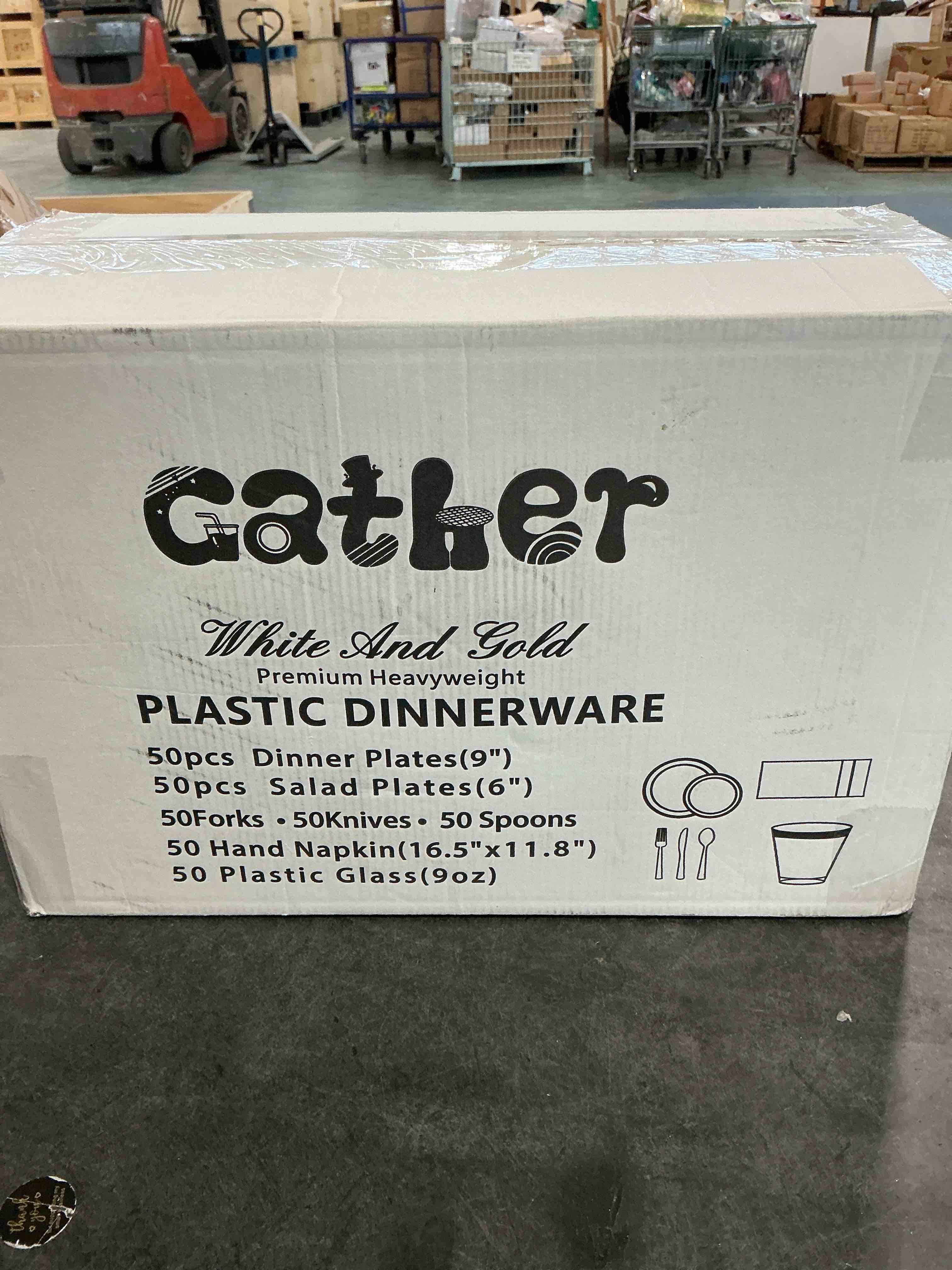 Condition photo showing Good Condition for GATHER 350PCS White and Gold Plastic Plates - Disposable Plastic Dinnerware Set Include 50 Dinner Plates, 50 Dessert Plate, 150 Silverware, 50 Napkins, 50 Cups for Party & Wedding & Thanksgiving