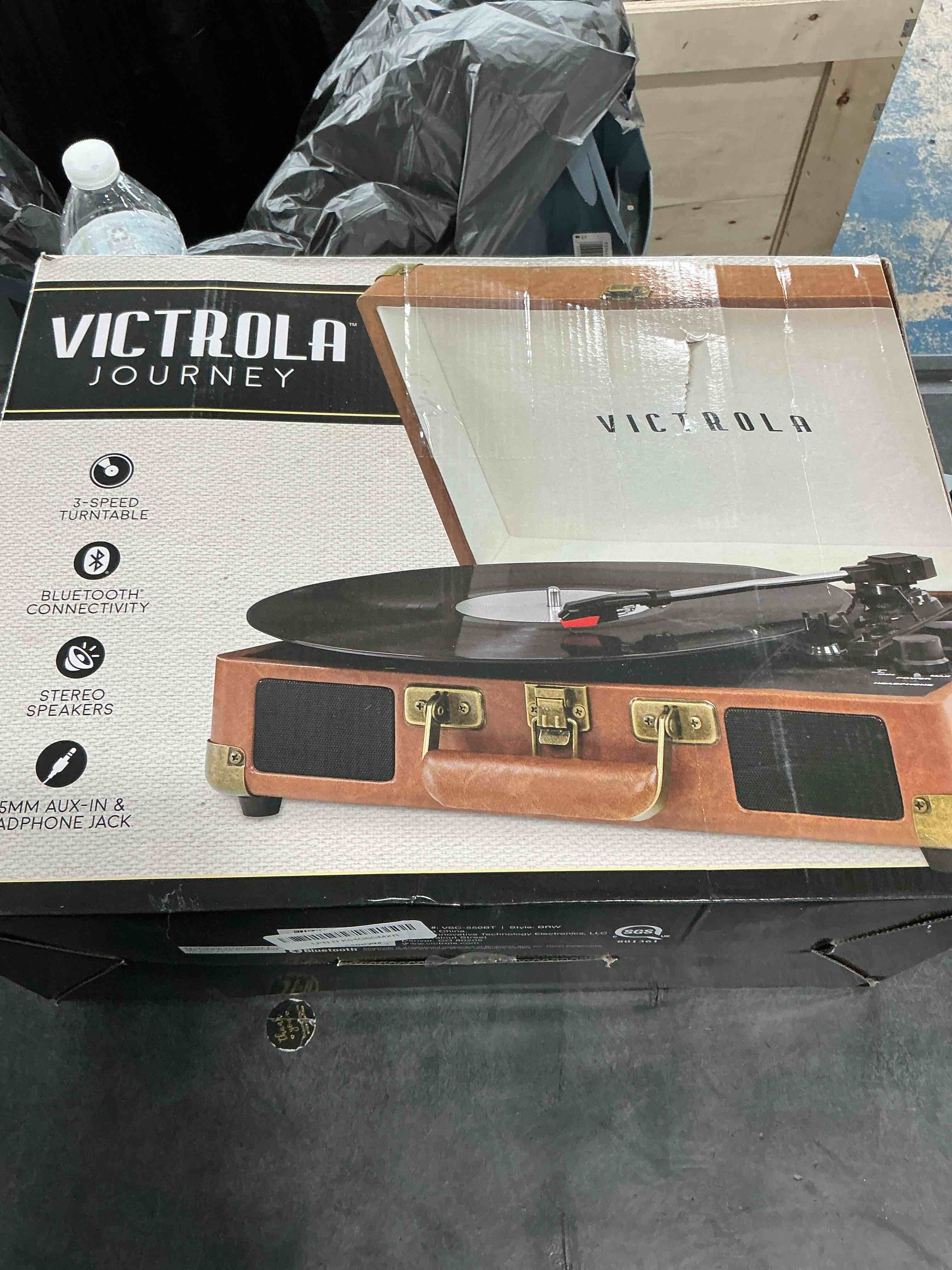 Condition photo showing New/Like New for Victrola Journey Bluetooth Portable Suitcase Record Player – with Built-in Speakers, 3 Speed Vinyl Record Player, RCA Out, Headphone Jack (Brown)