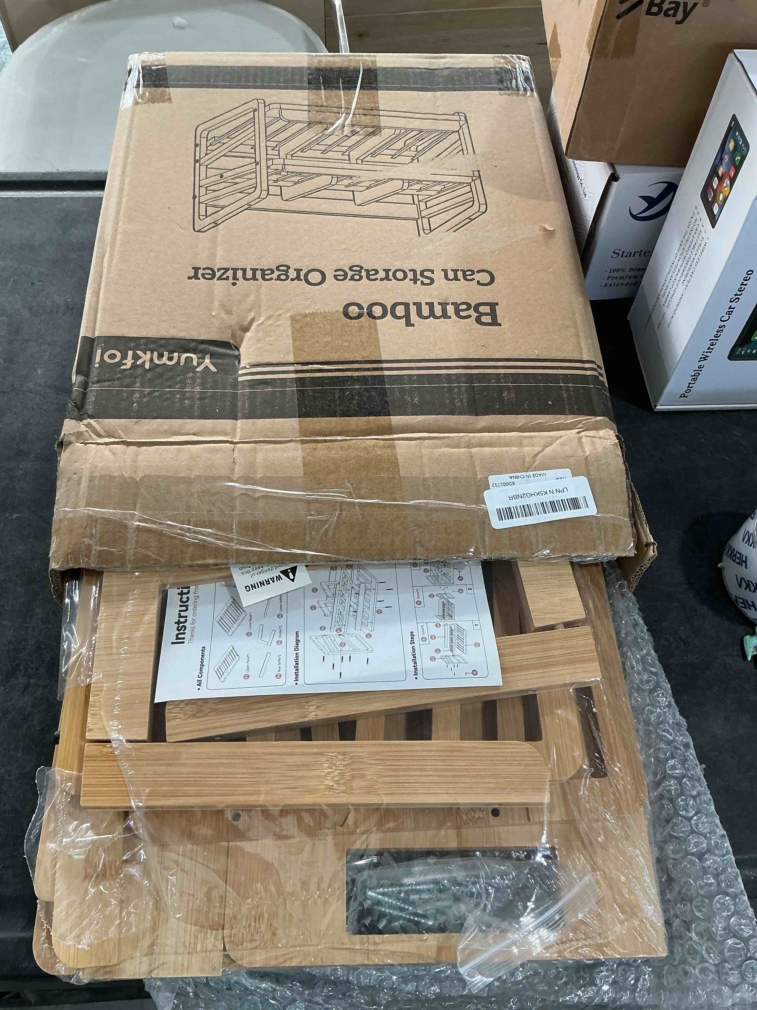 Condition photo showing Good Condition for Rolling Bamboo Can Organizer Rack, Stackable Double-Layer Can Organizers and Storage For Pantry, Canned Goods Holder Dispenser For Countertop Kitchen Cabinet or Pantry Shelf For 24 cans with rolling filling design